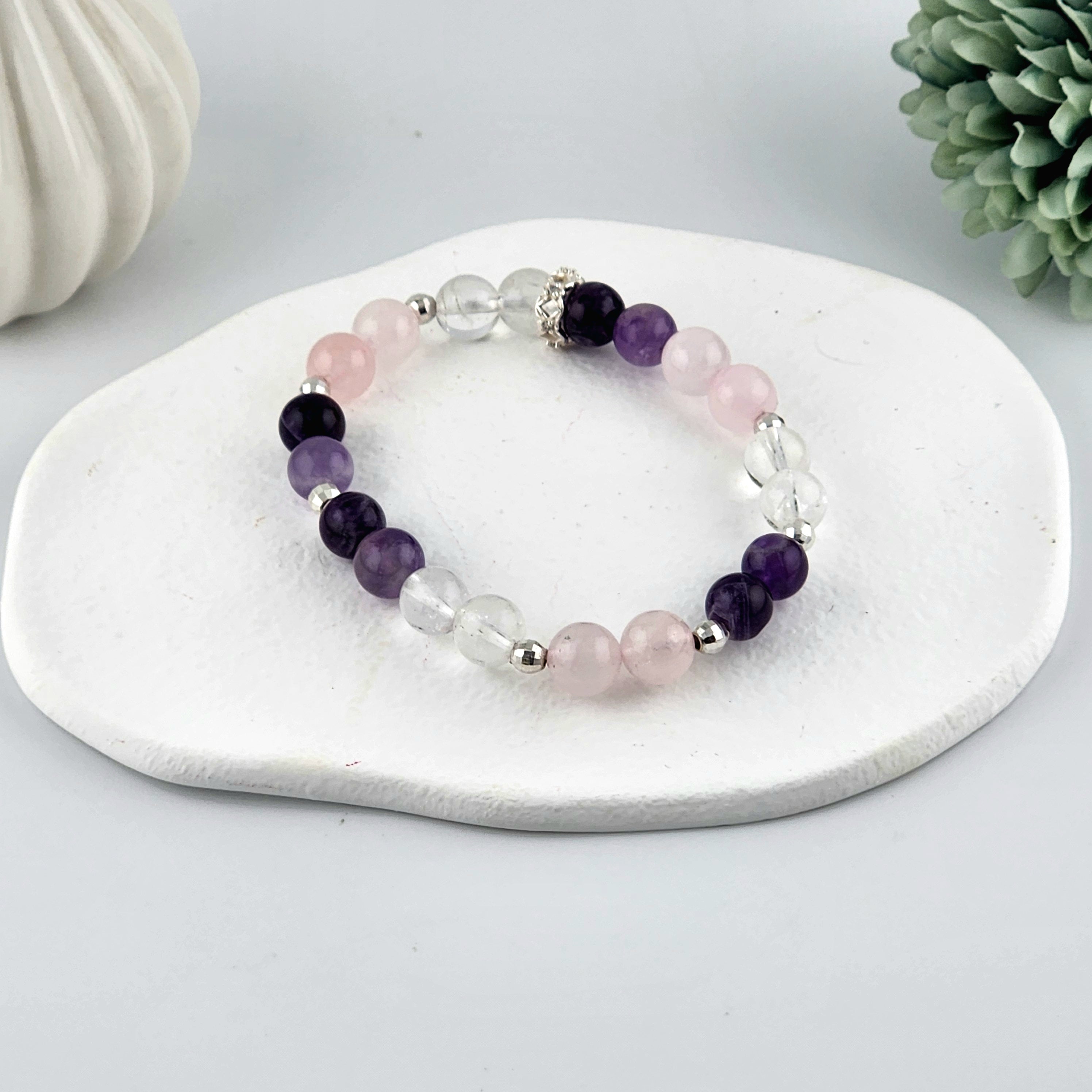 Amethyst, Rose Quartz + Clear Quartz Beaded Bracelet - 8mm