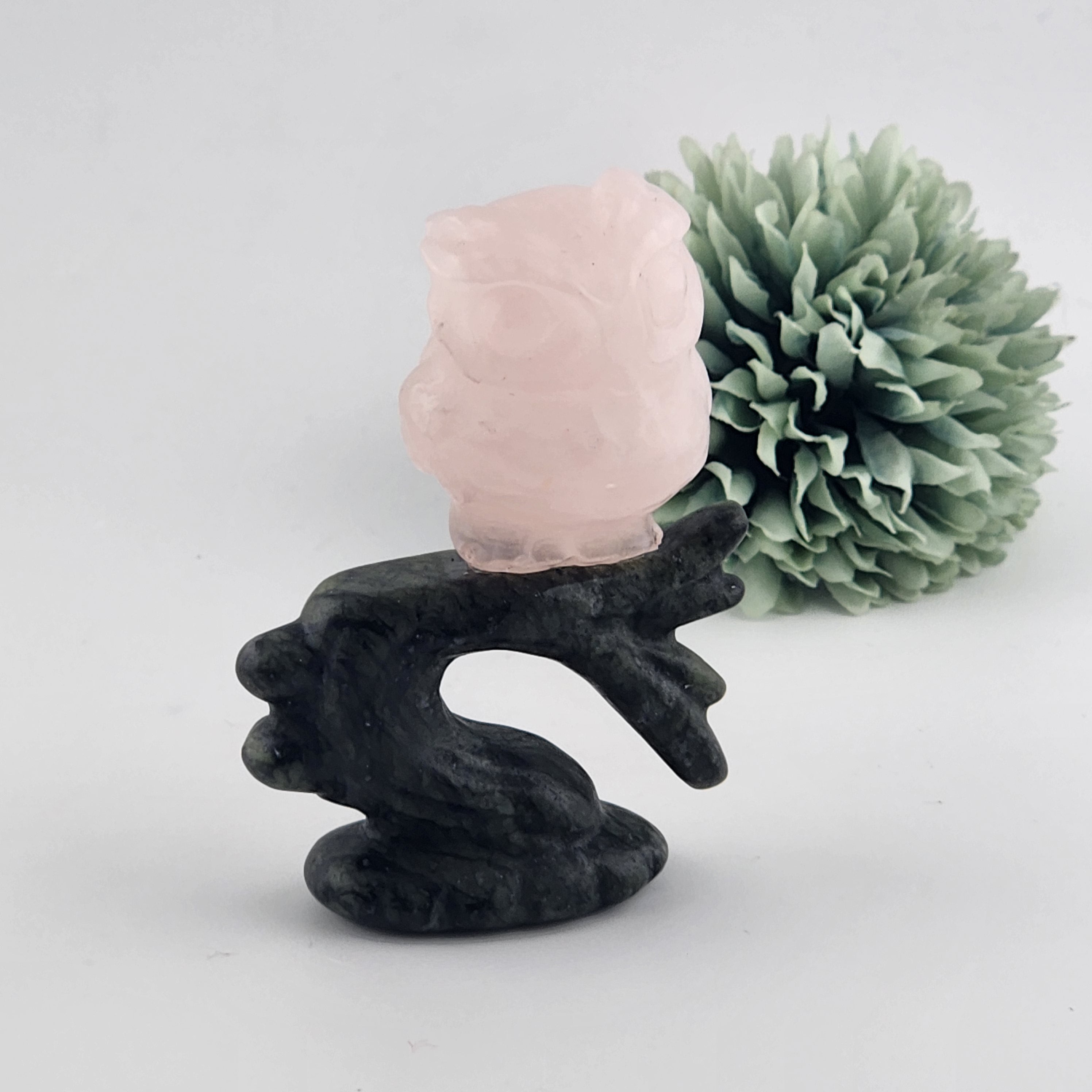 Rose Quartz Owl on Green Jade Branch