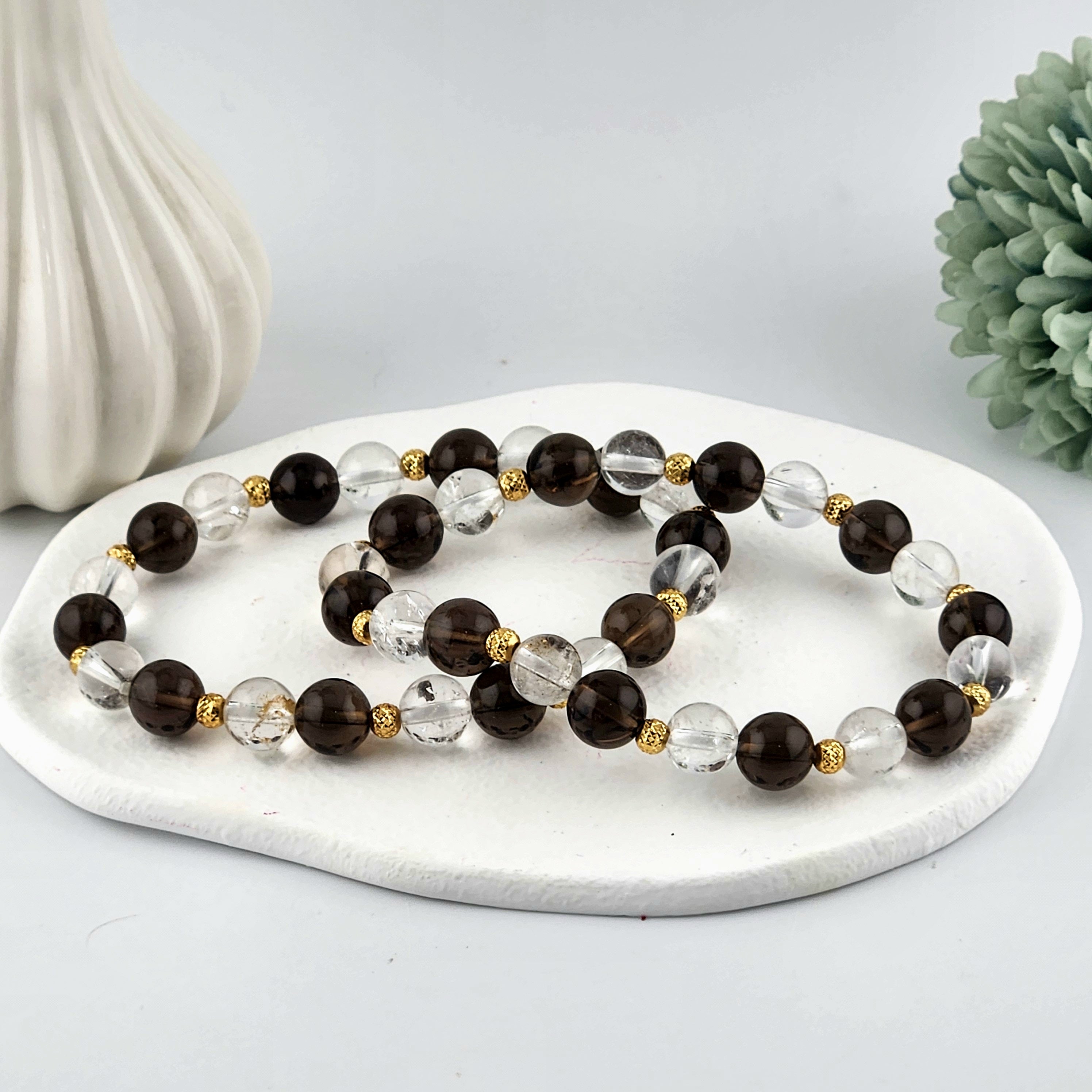 Smokey Quartz + Clear Quartz Beaded Bracelet - 8mm