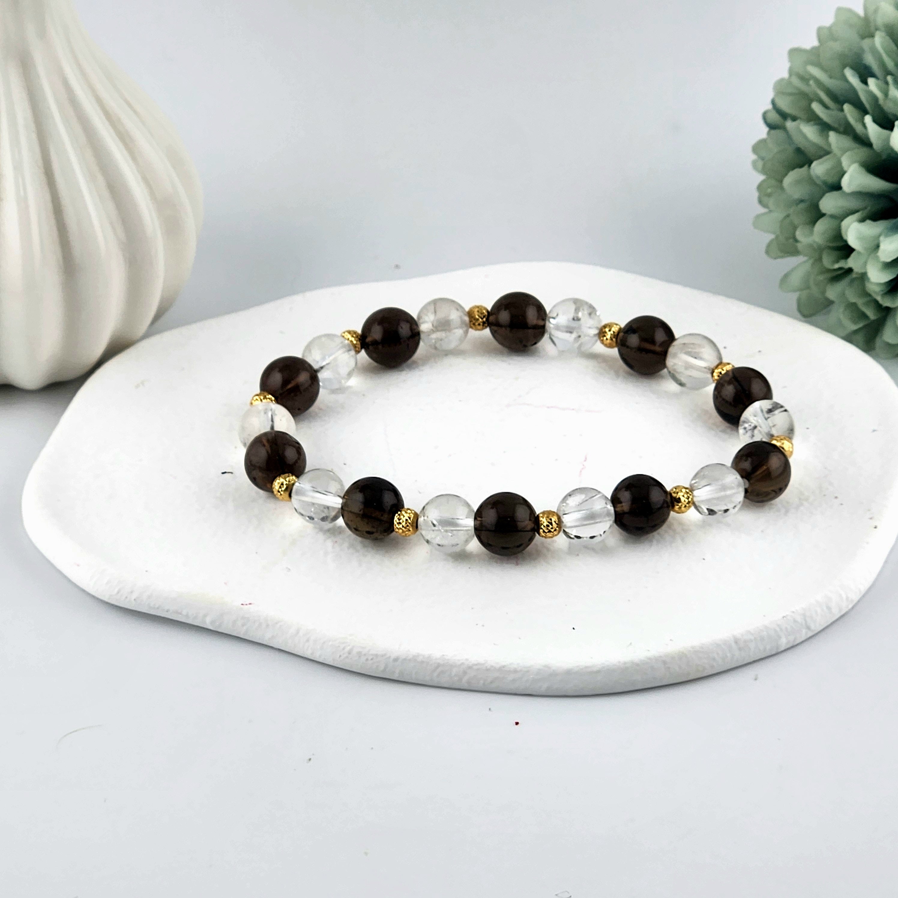 Smokey Quartz + Clear Quartz Beaded Bracelet - 8mm