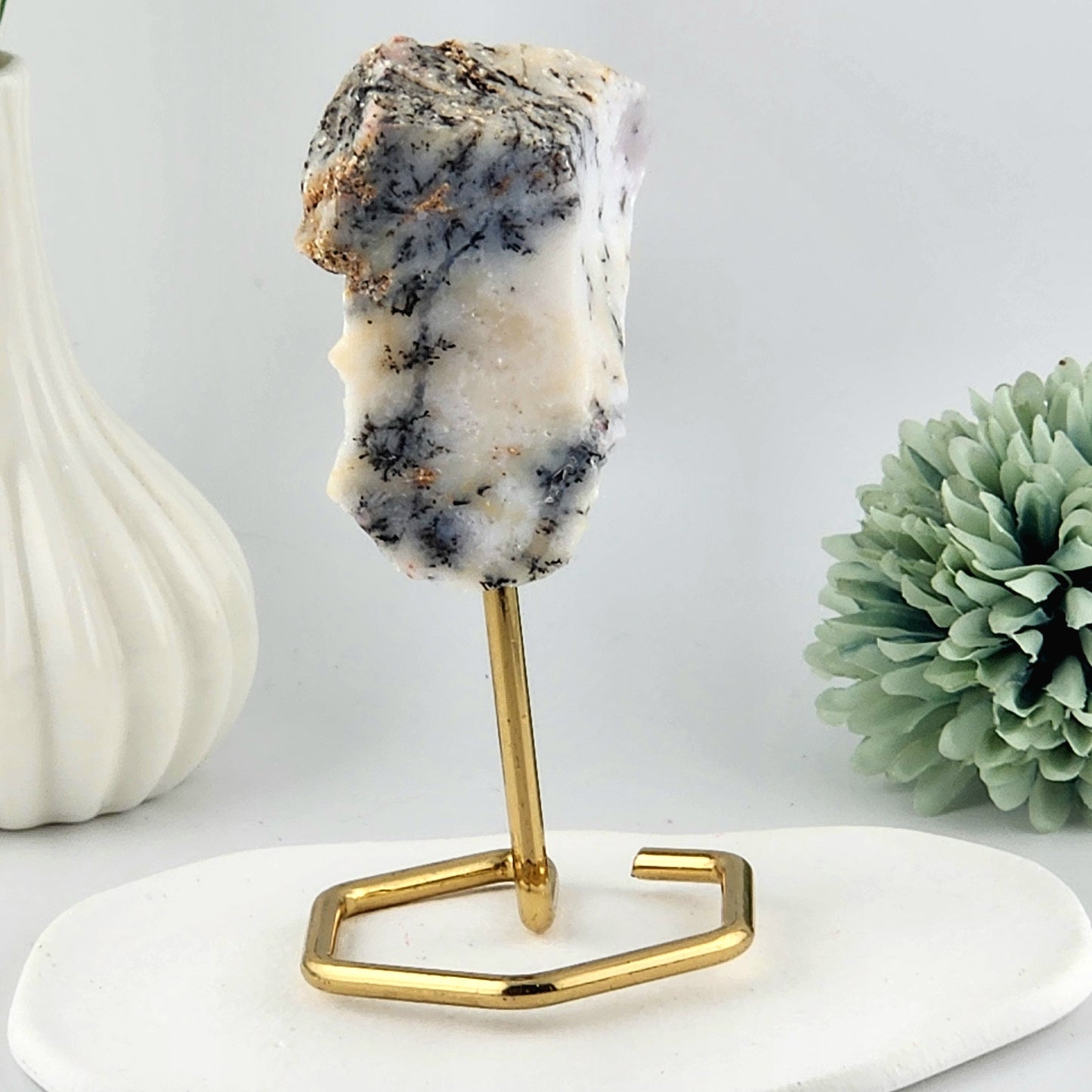Dendritic Opal Raw On Gold Stand