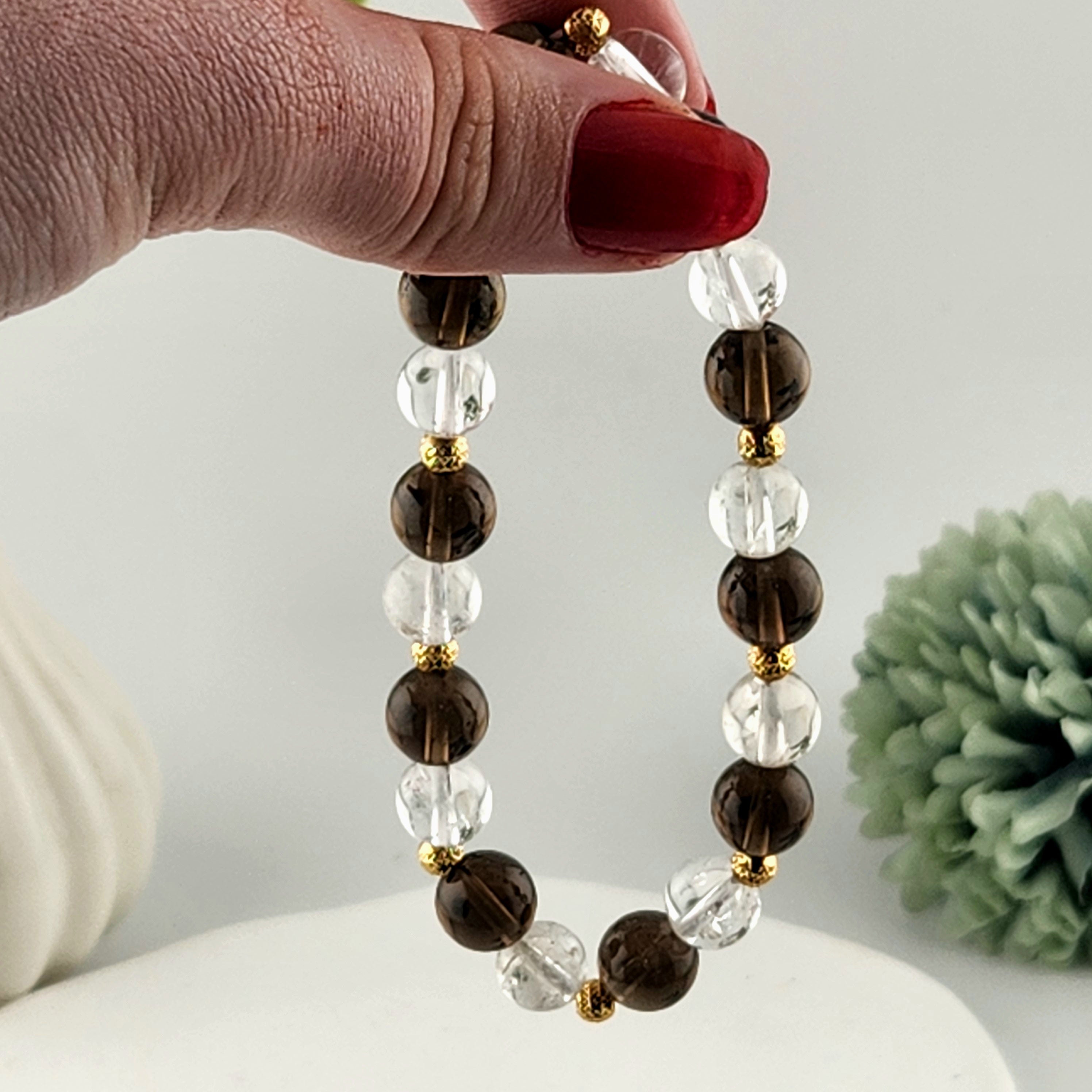 Smokey Quartz + Clear Quartz Beaded Bracelet - 8mm