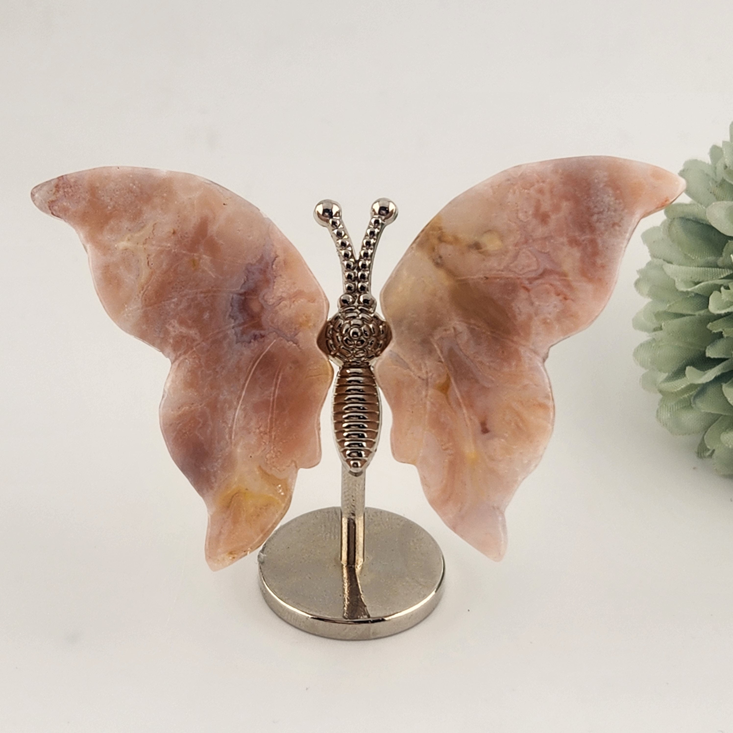 Pink Flower Agate Butterfly On Stand