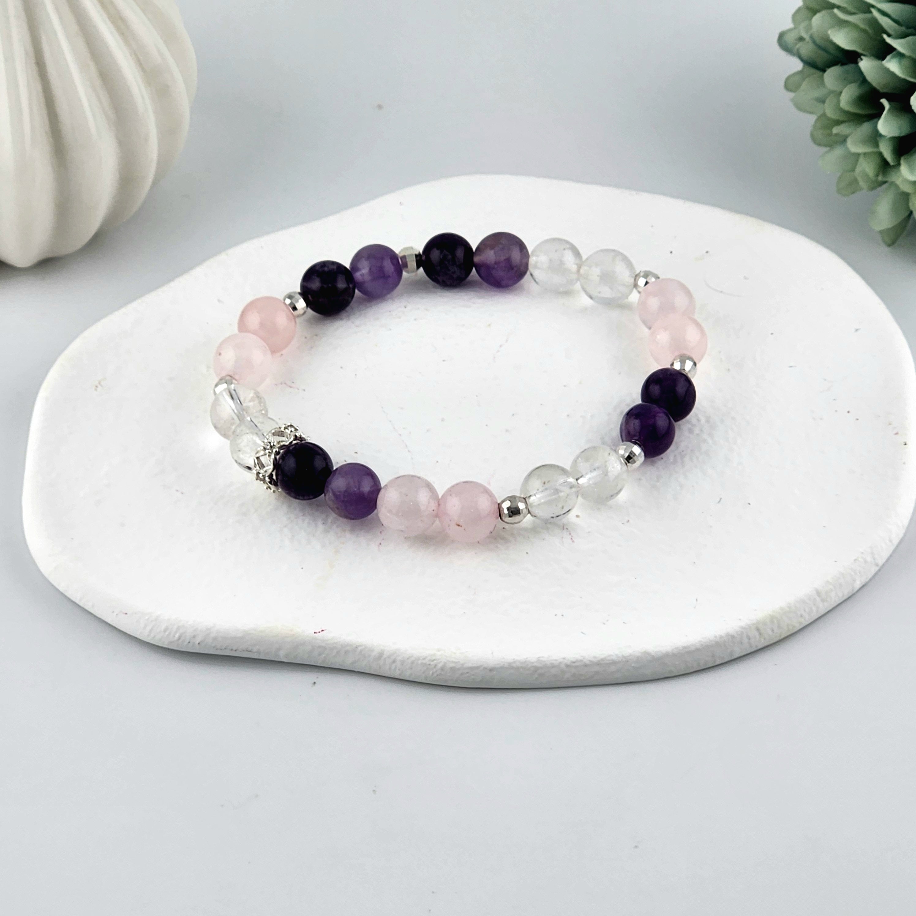 Amethyst, Rose Quartz + Clear Quartz Beaded Bracelet - 8mm