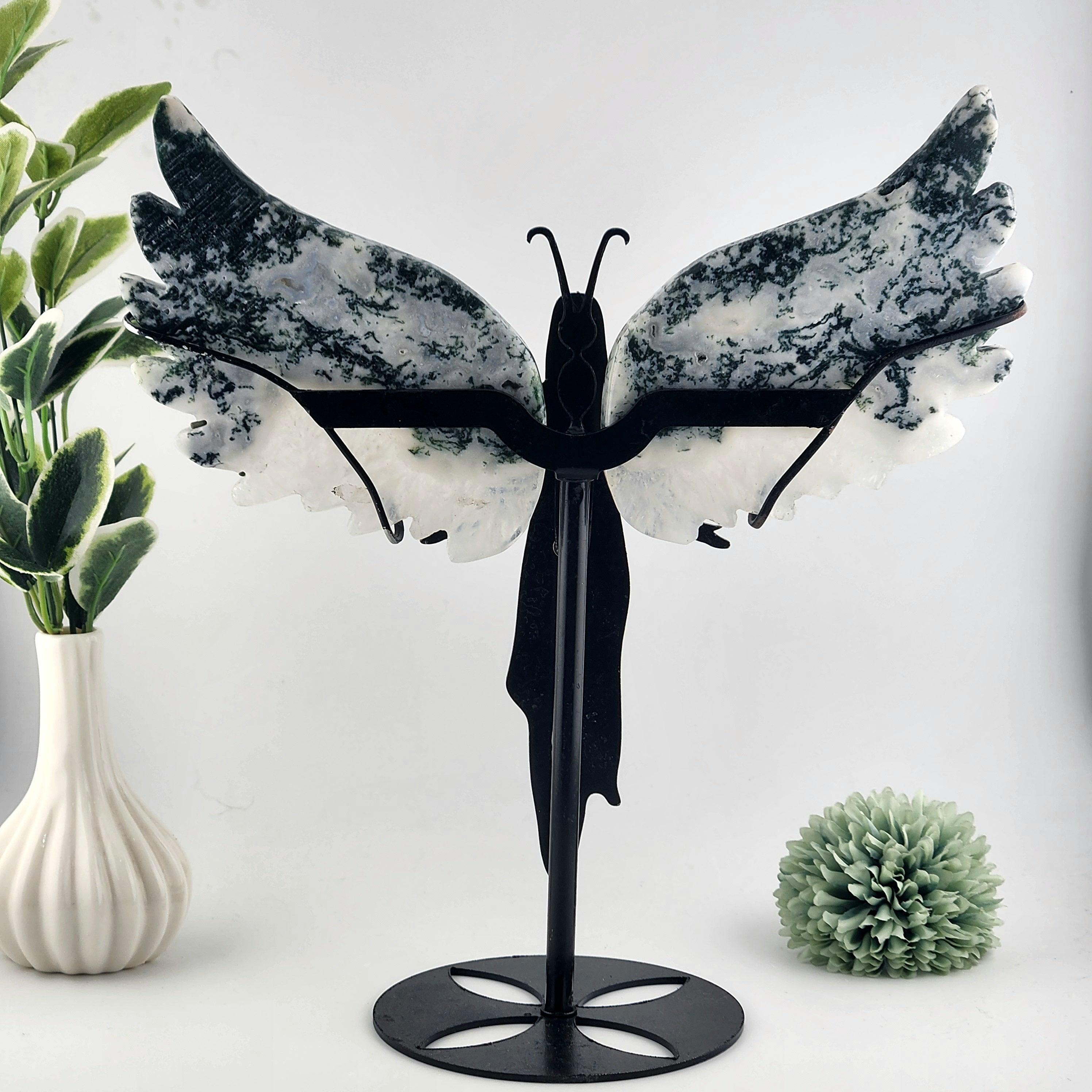 Moss Agate Angel Wings On Black Stand
