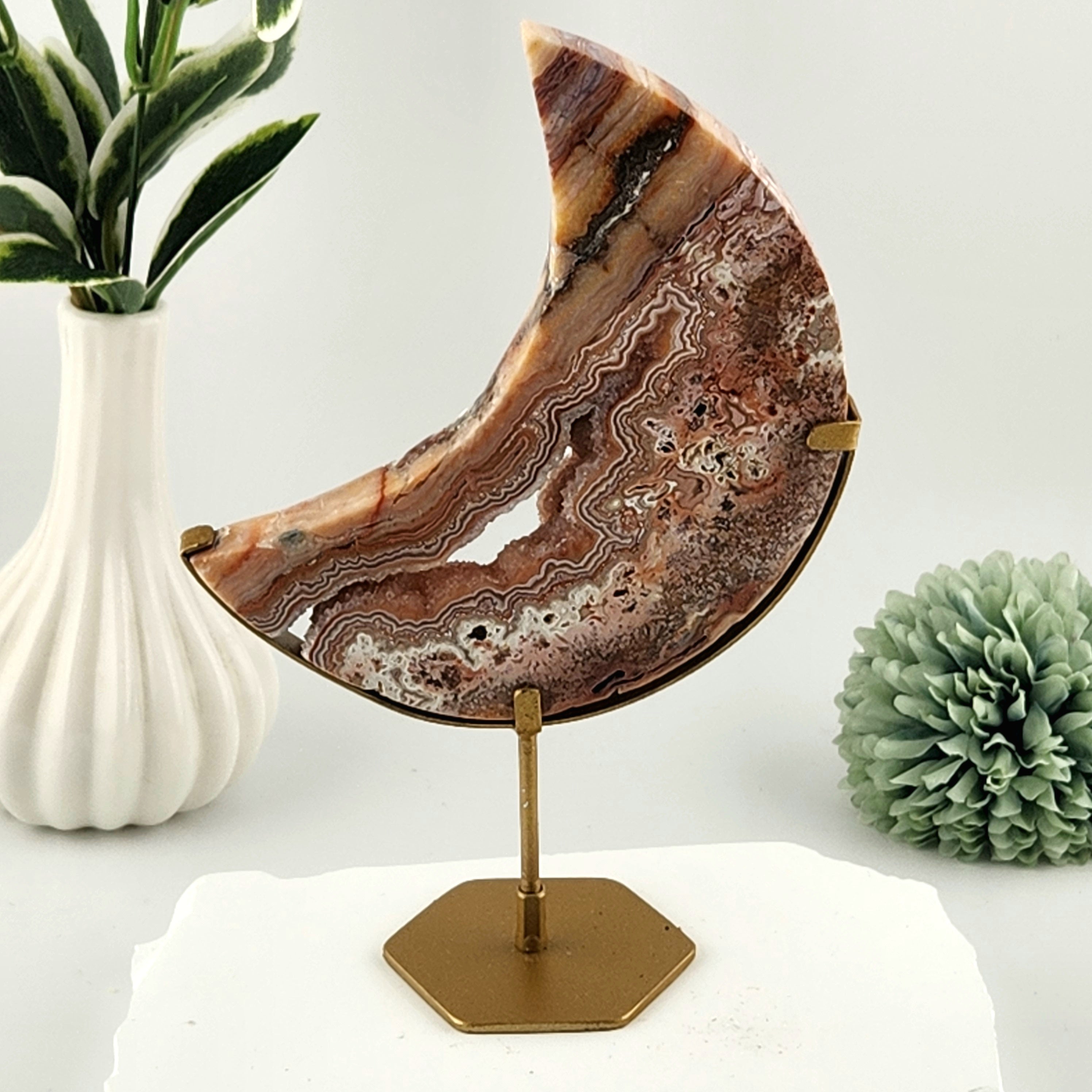 Pink Crazy Lace Agate Moon on Custom Gold Stand