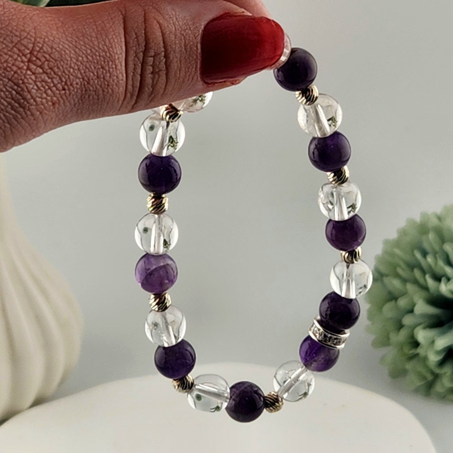 Amethyst + Clear Quartz Beaded Bracelet - 8mm