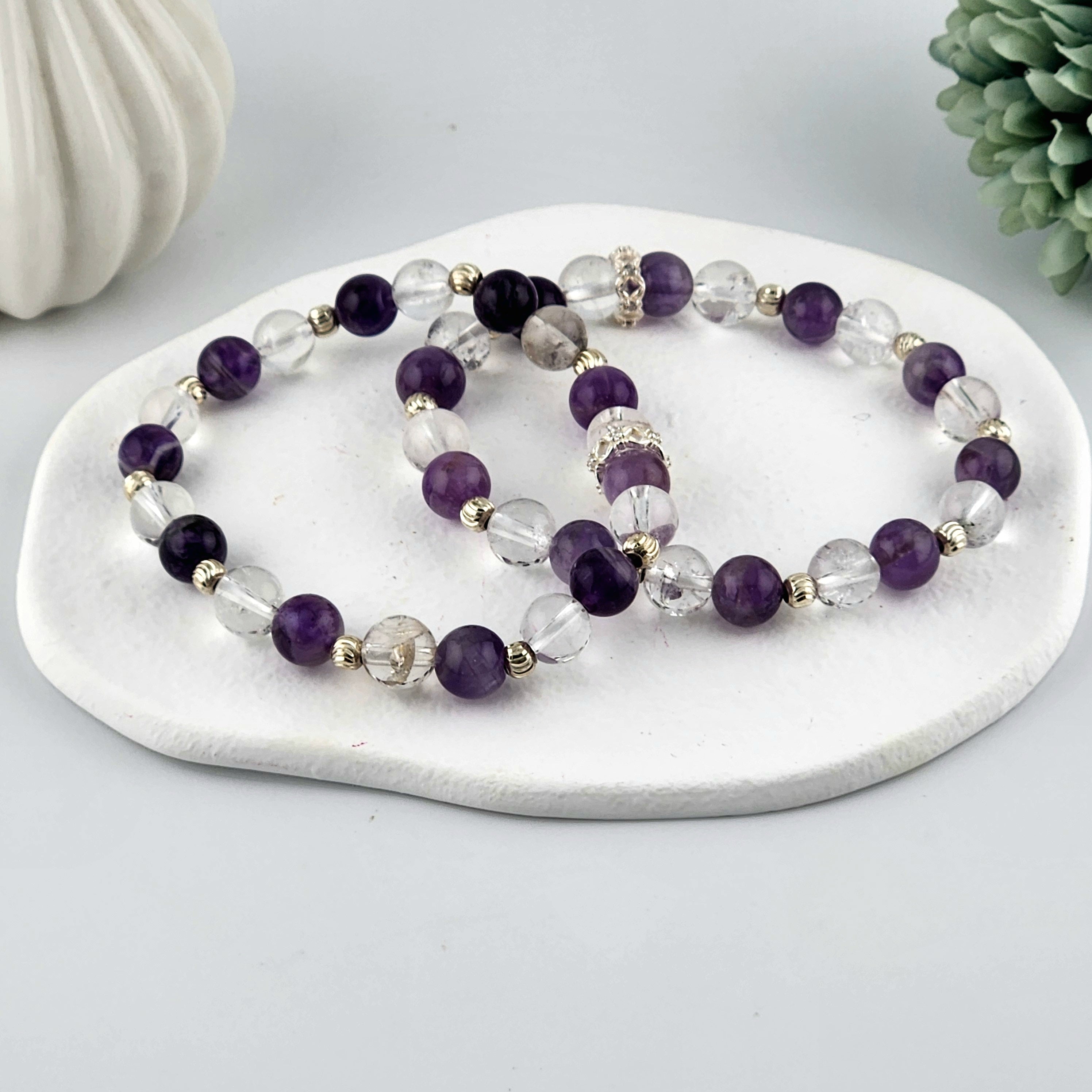 Amethyst + Clear Quartz Beaded Bracelet - 8mm
