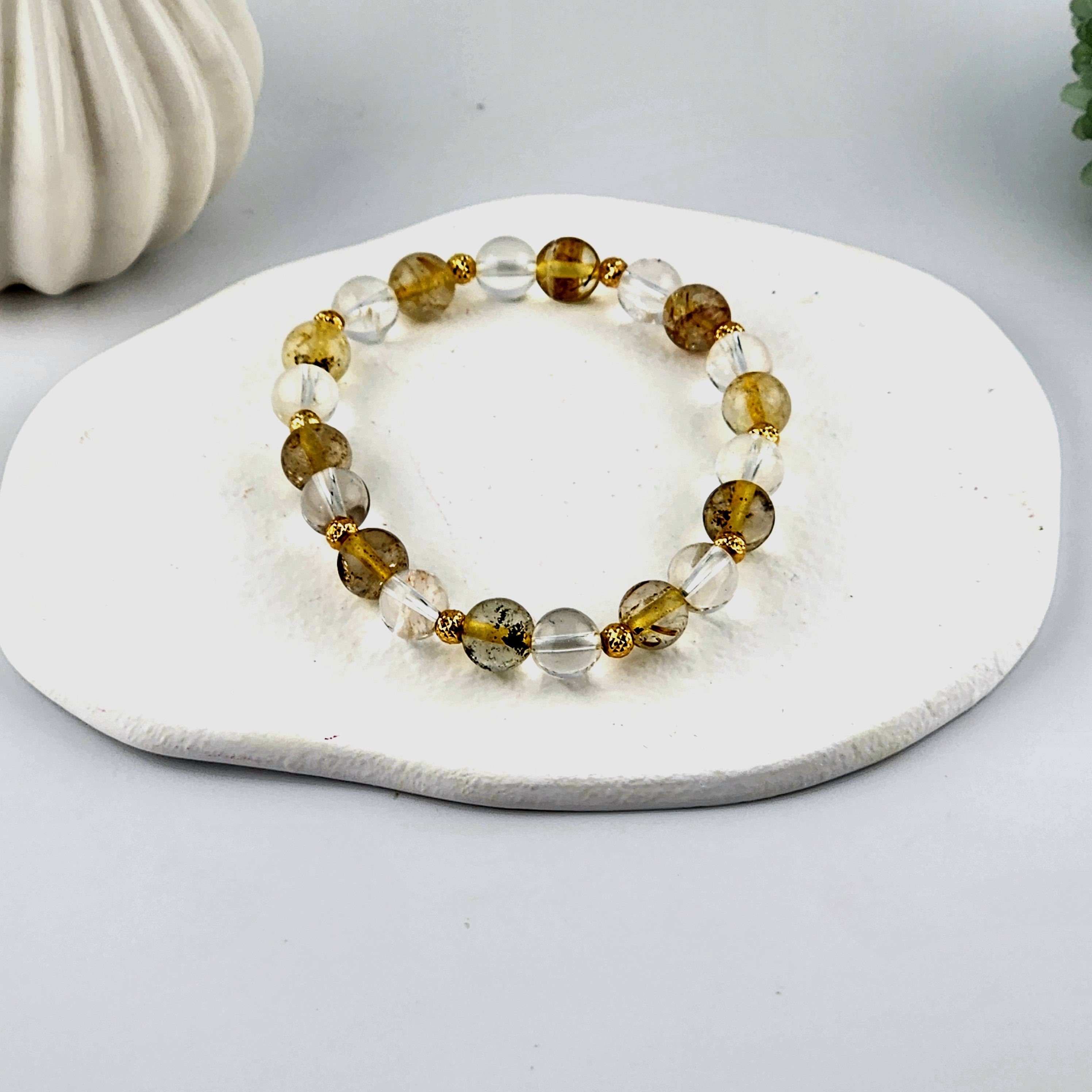 Gold Rutilated Quartz + Clear Quartz Beaded Bracelet - 8mm