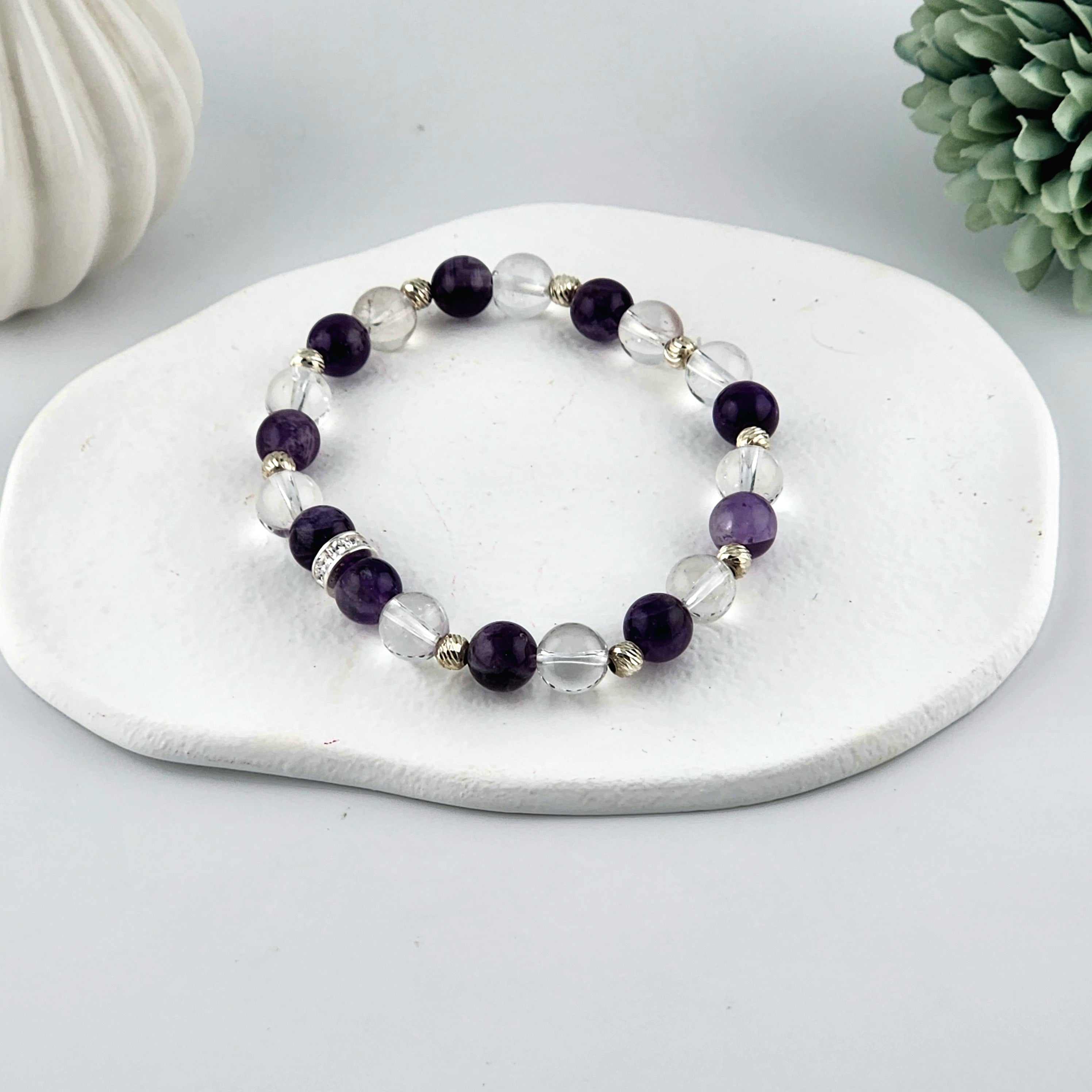 Amethyst + Clear Quartz Beaded Bracelet - 8mm
