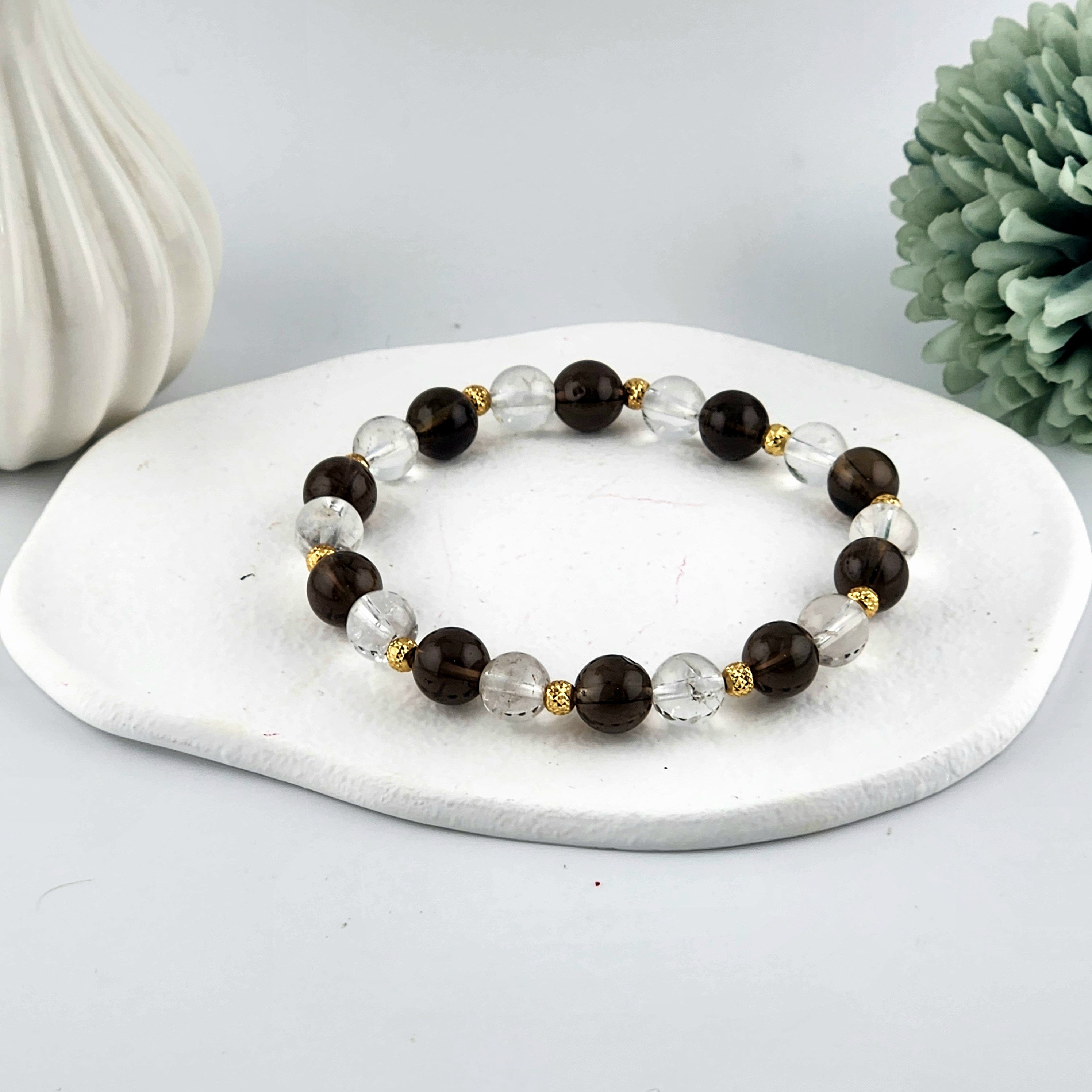 Smokey Quartz + Clear Quartz Beaded Bracelet - 8mm