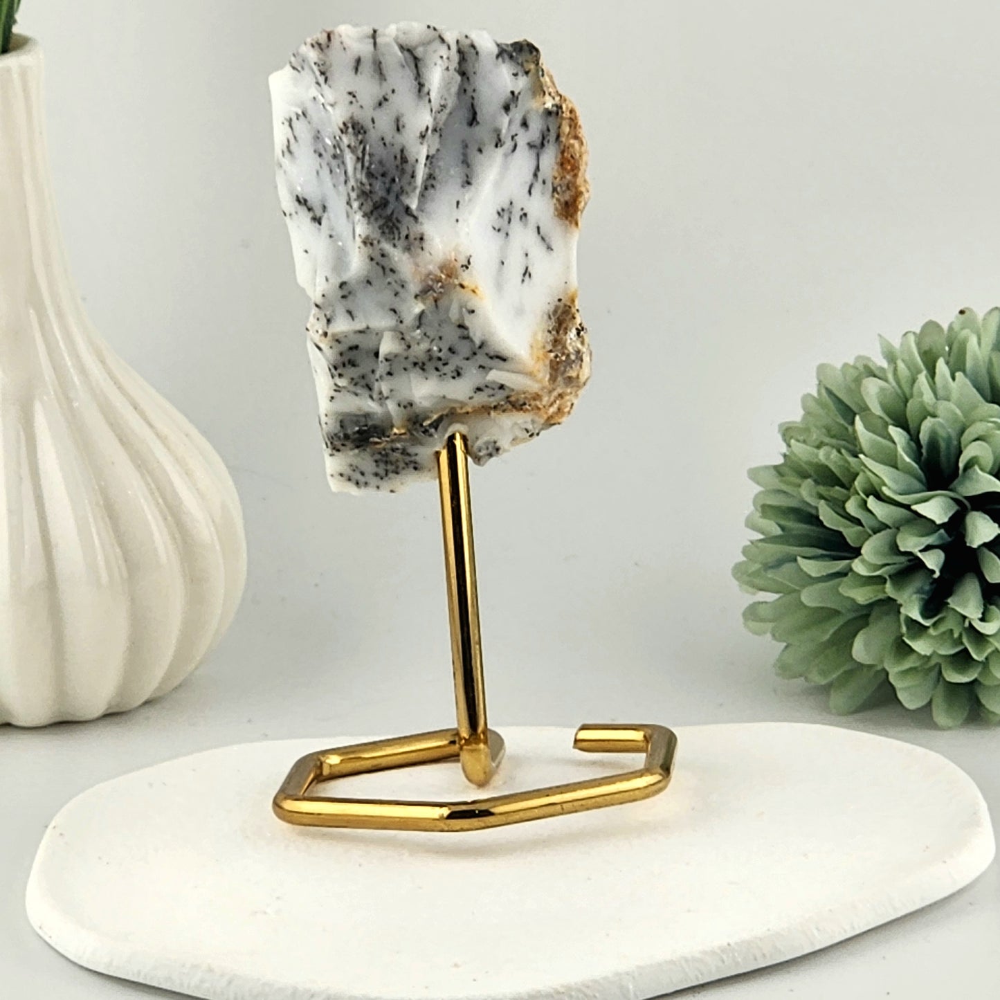 Dendritic Opal Raw On Gold Stand