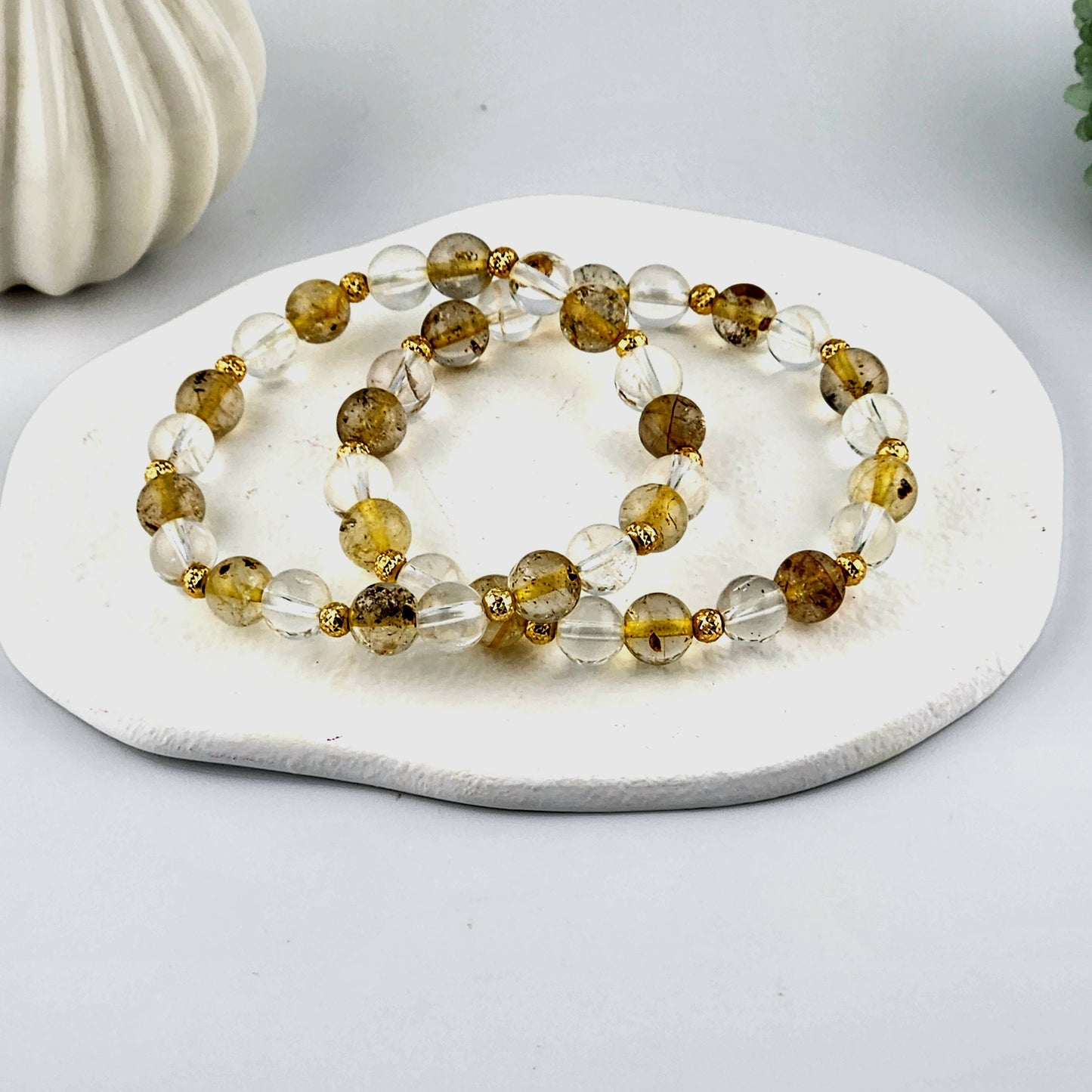 Gold Rutilated Quartz + Clear Quartz Beaded Bracelet - 8mm