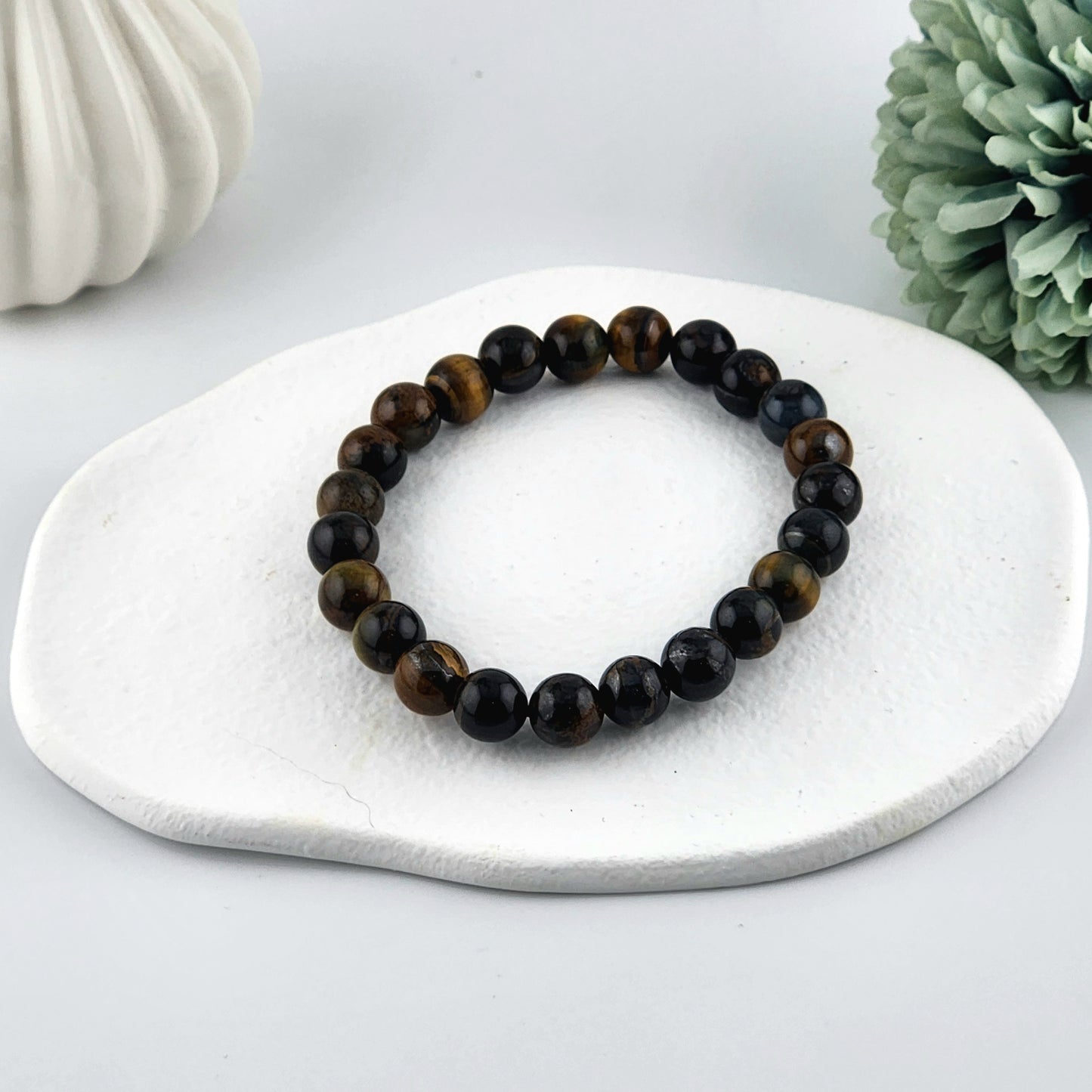 Blue + Yellow Tigers Eye Beaded Bracelet - 8mm
