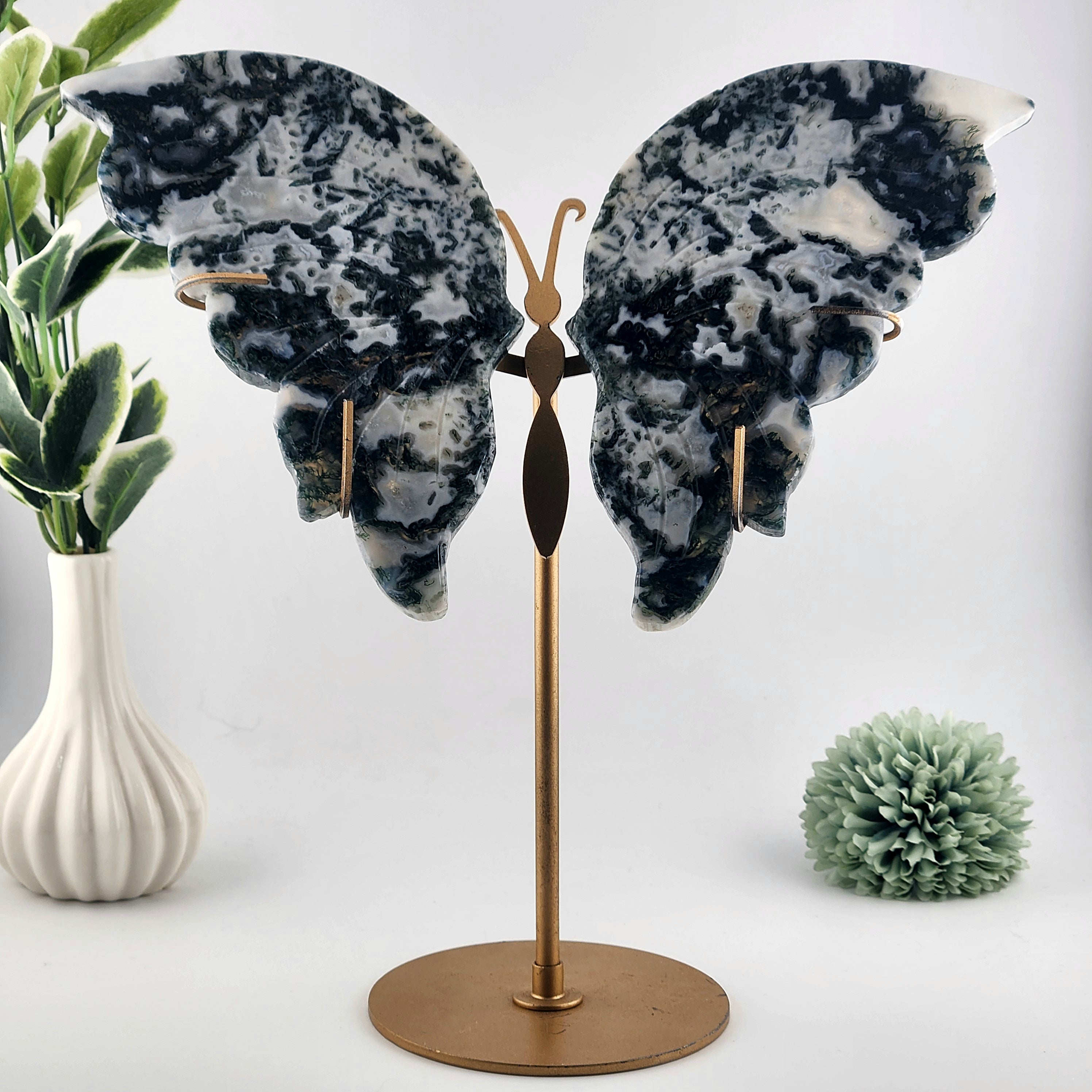 Moss Agate Butterfly Wings On Custom Gold Stand