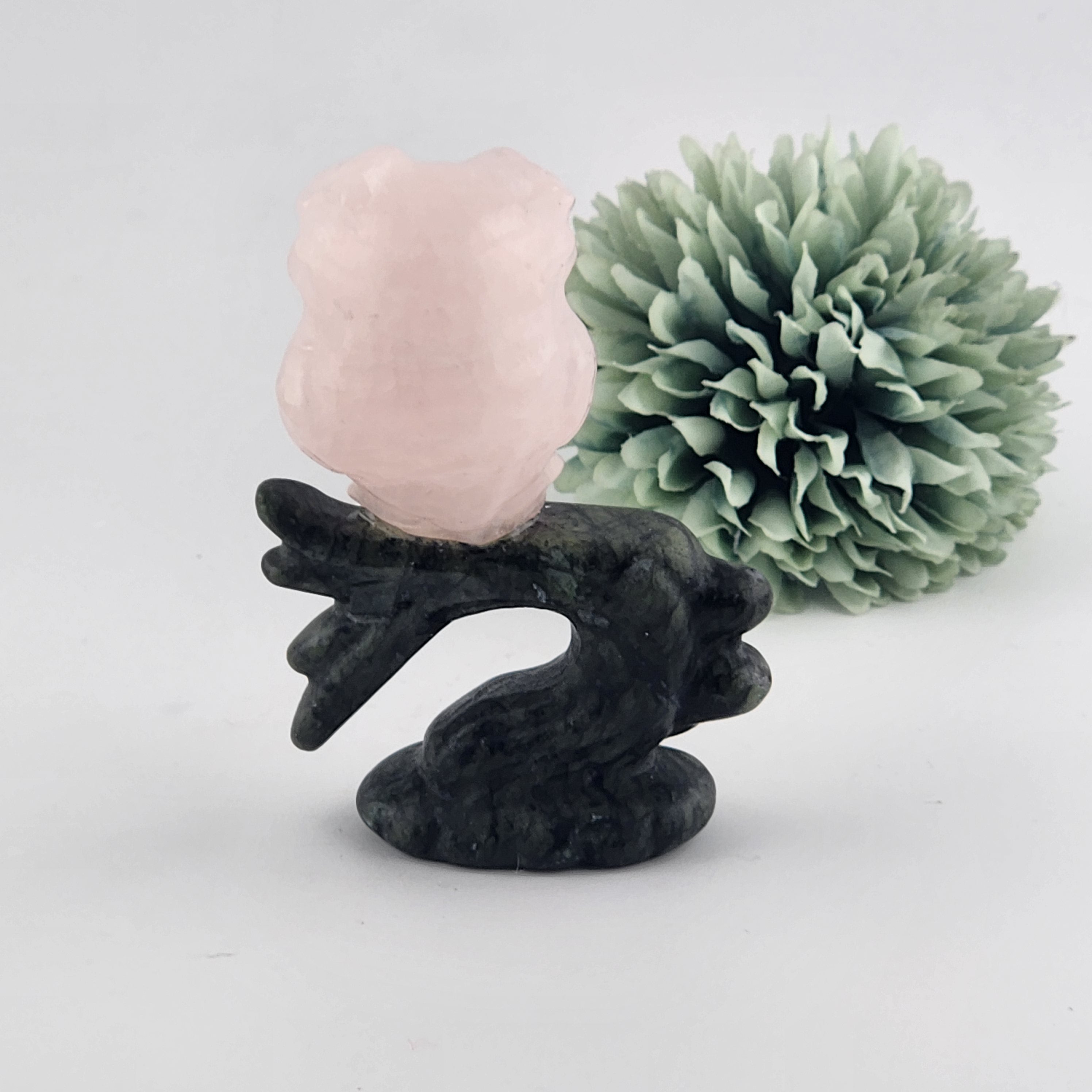 Rose Quartz Owl on Green Jade Branch