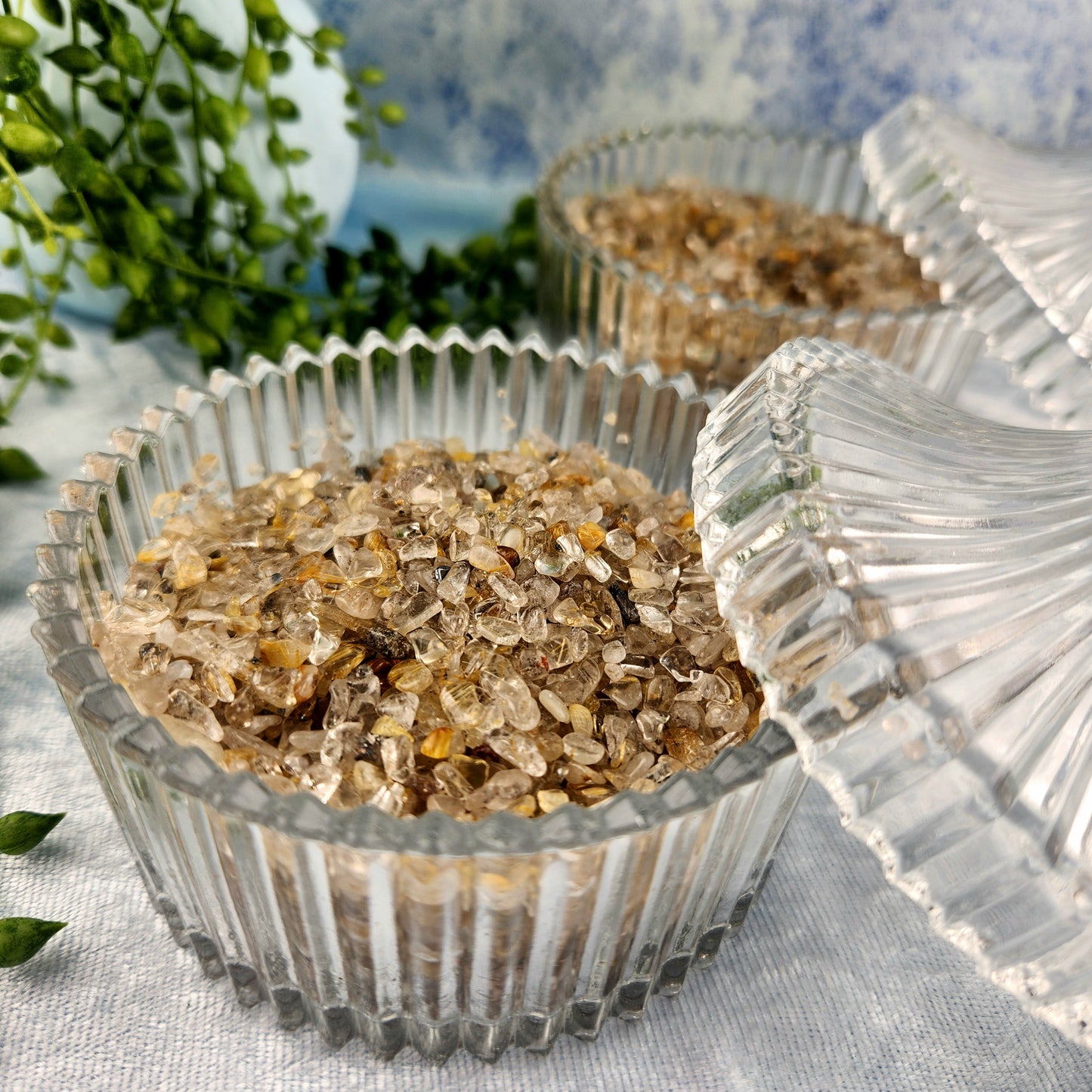 Gold Rutile Chips In Glass Jar