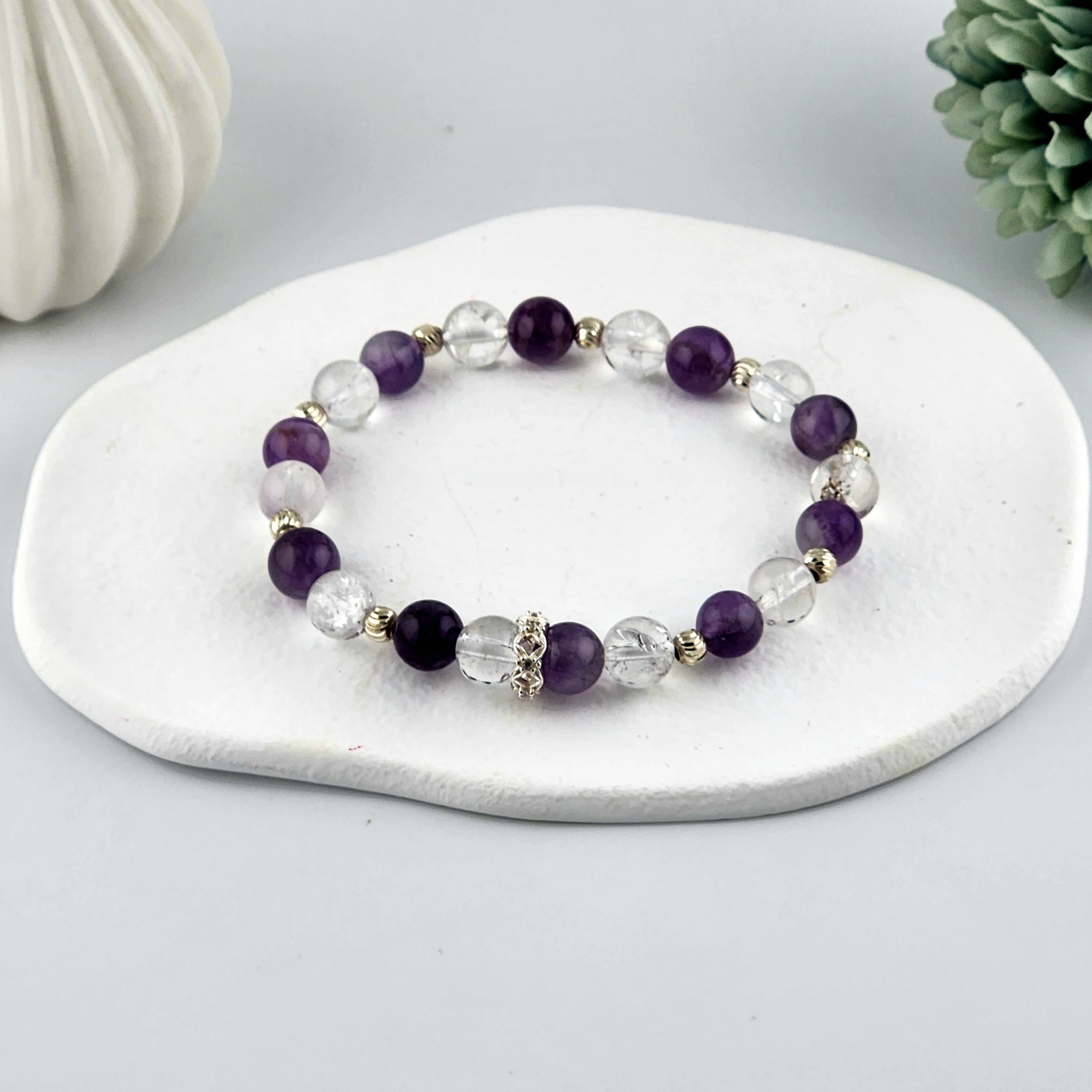 Amethyst + Clear Quartz Beaded Bracelet - 8mm