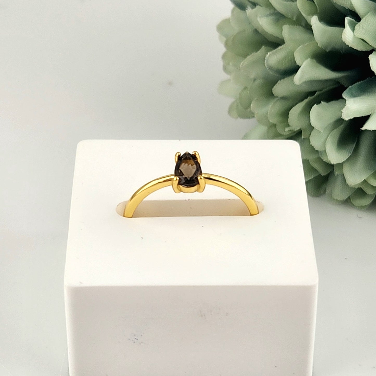 Smokey Quartz Gold Ring - Adjustable S925