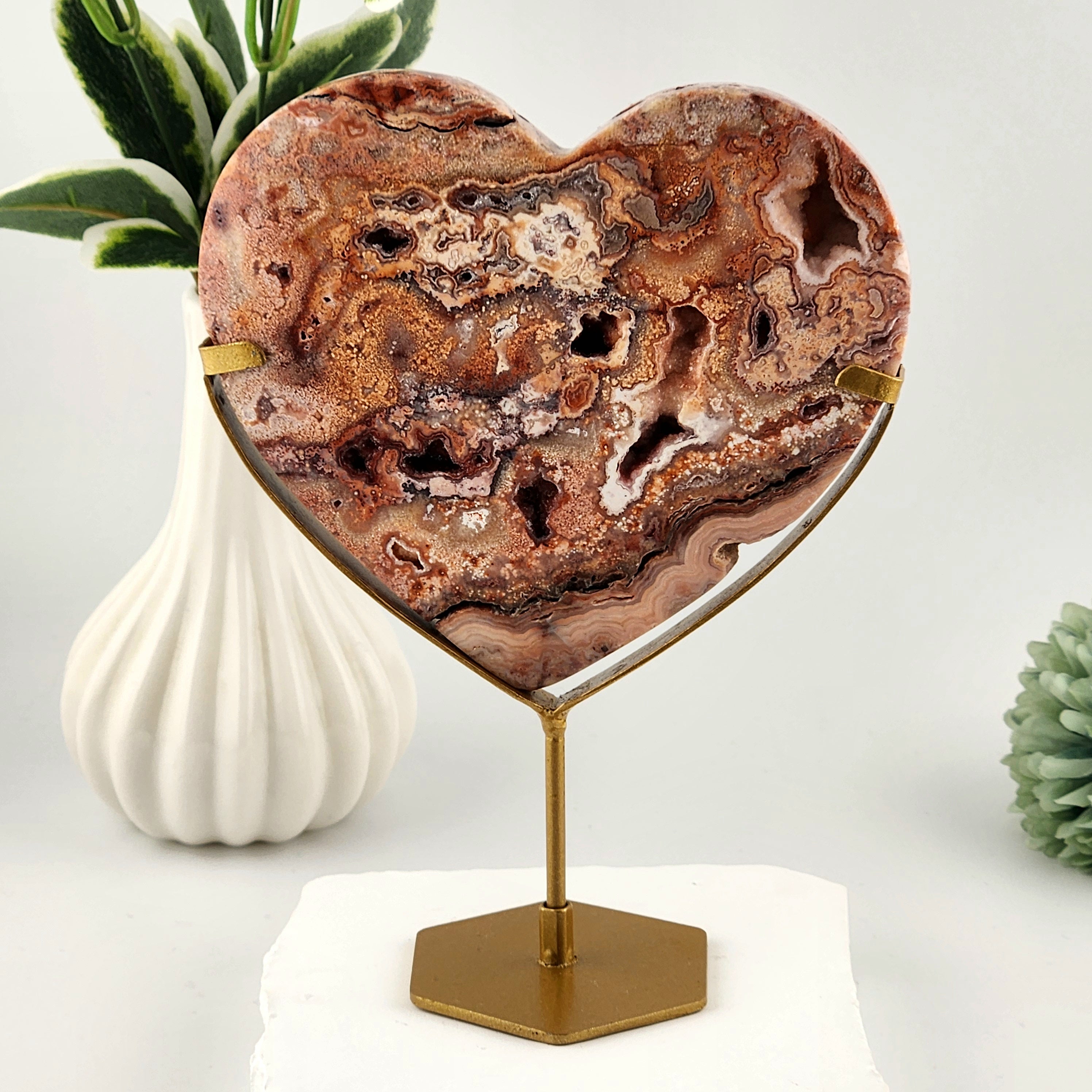 Pink Crazy Lace Agate Heart on Custom Gold Stand