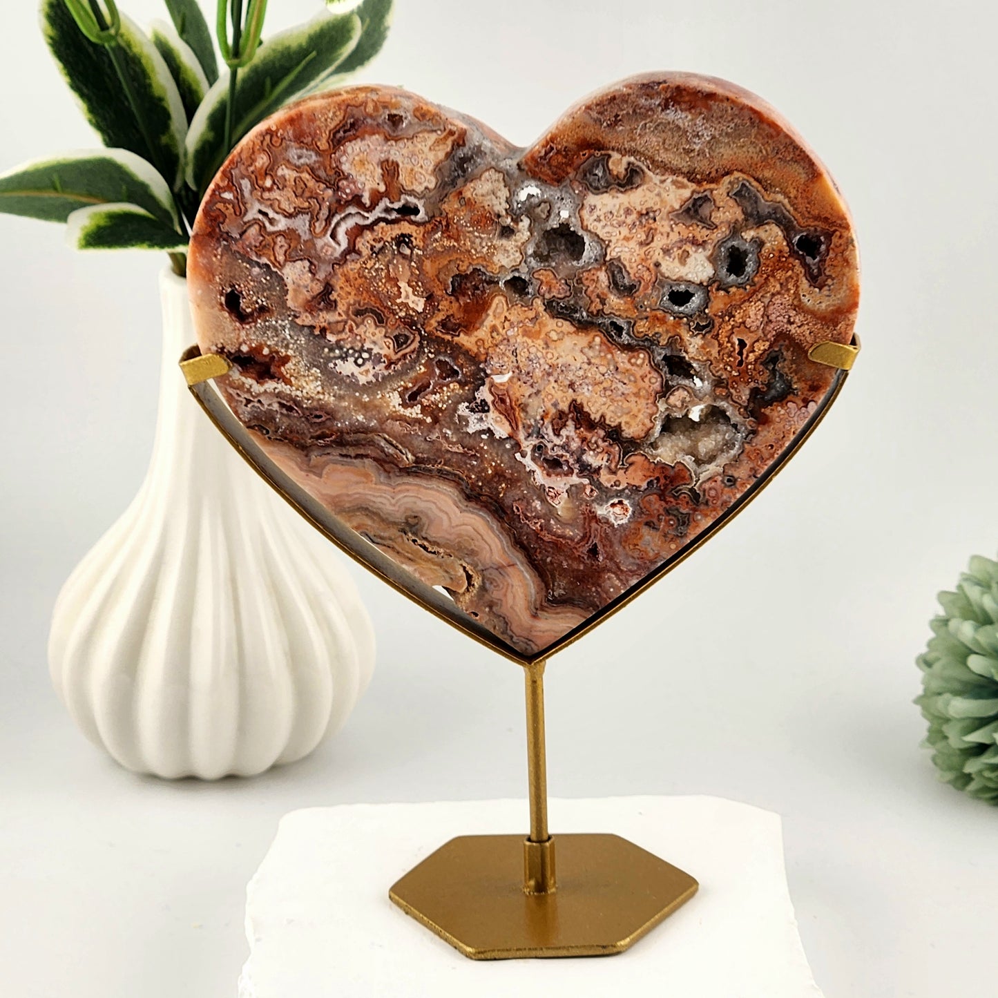 Pink Crazy Lace Agate Heart on Custom Gold Stand