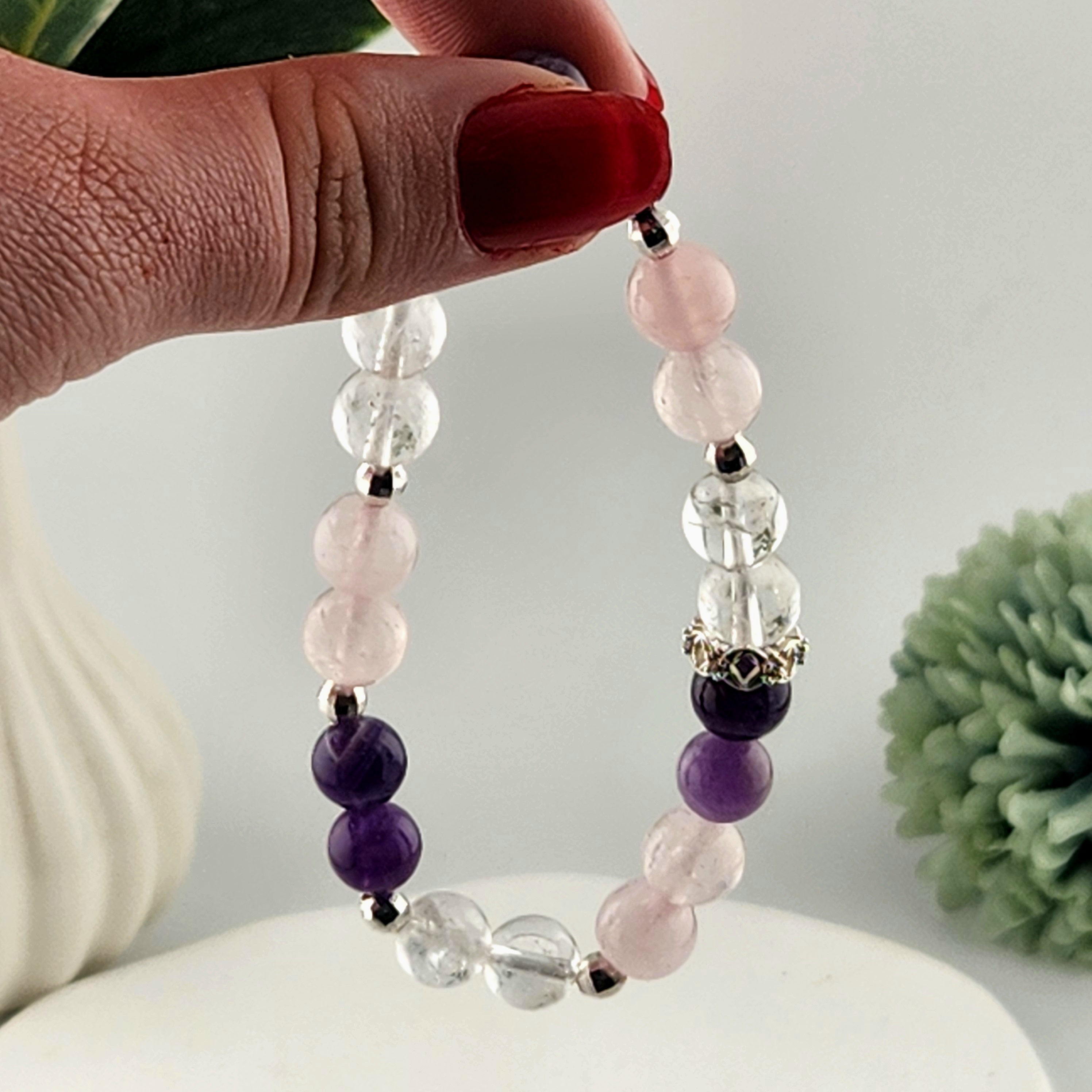Amethyst, Rose Quartz + Clear Quartz Beaded Bracelet - 8mm