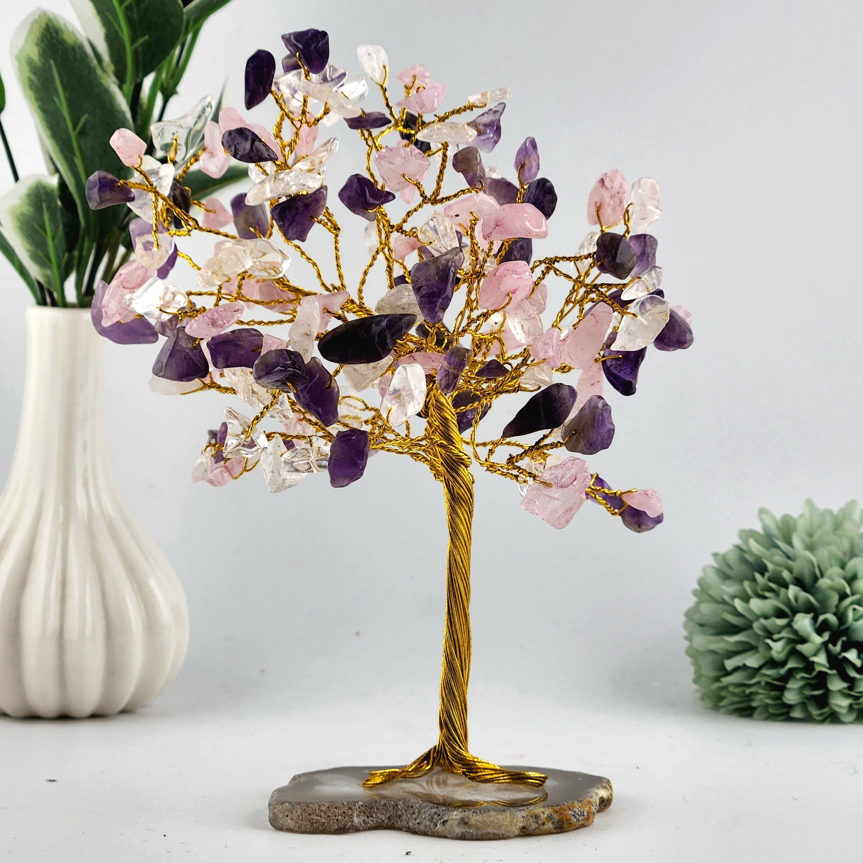 Amethyst, Rose Quartz + Clear Quartz Crystal Chip Tree
