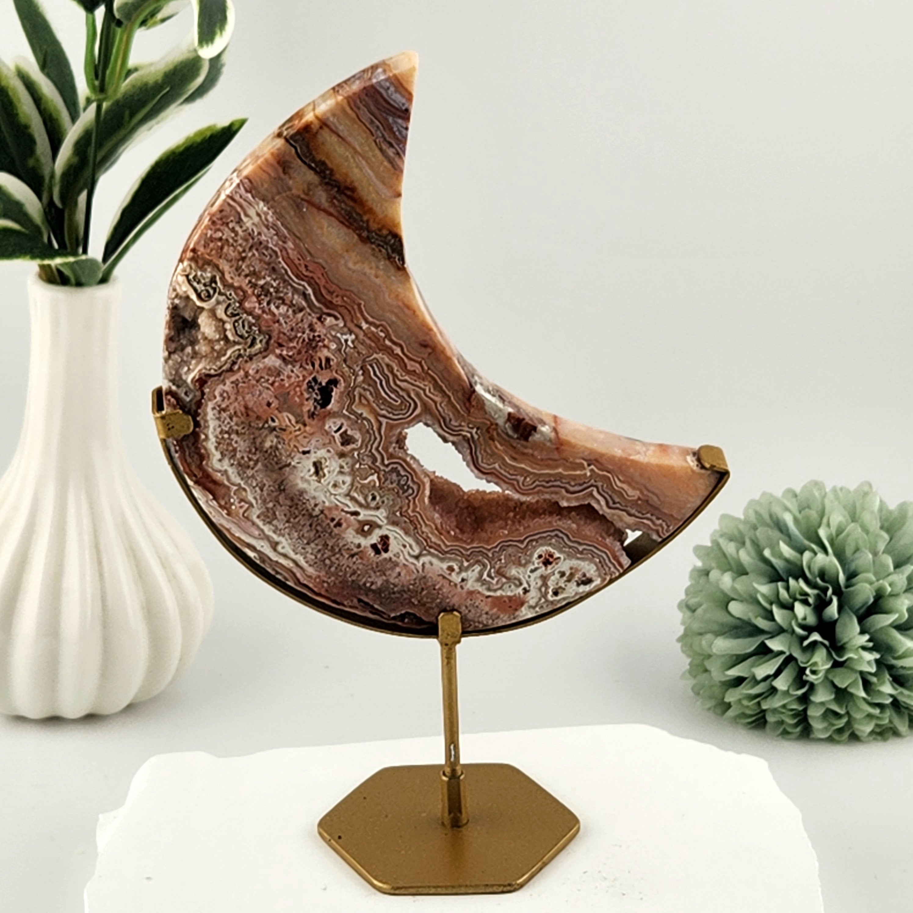 Pink Crazy Lace Agate Moon on Custom Gold Stand