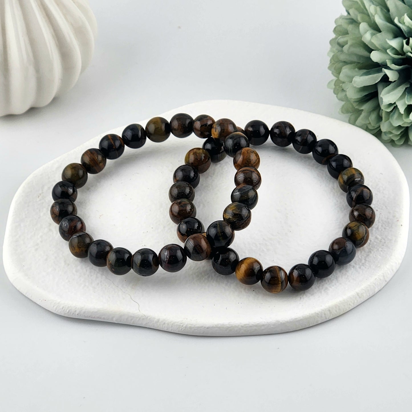 Blue + Yellow Tigers Eye Beaded Bracelet - 8mm