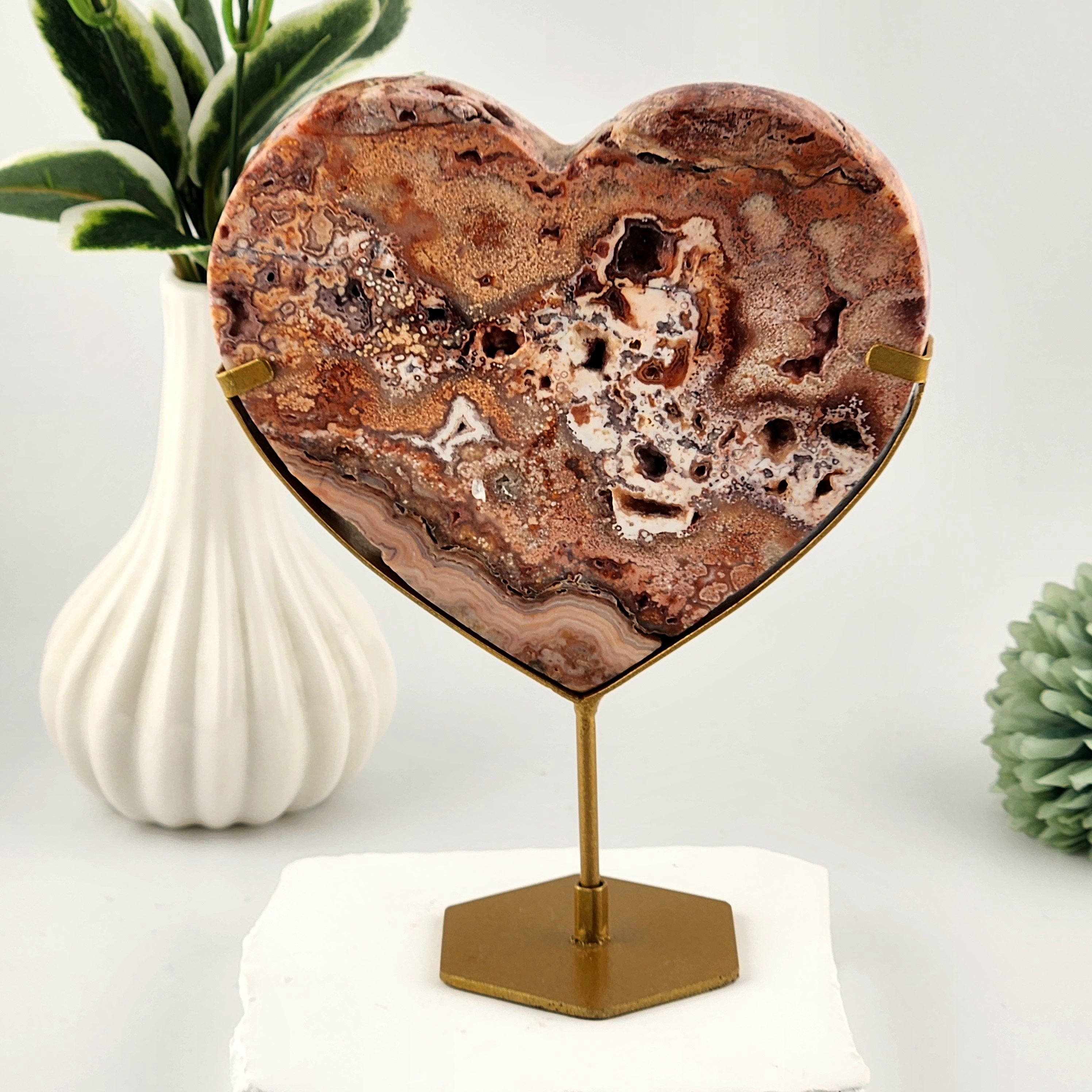 Pink Crazy Lace Agate Heart on Custom Gold Stand
