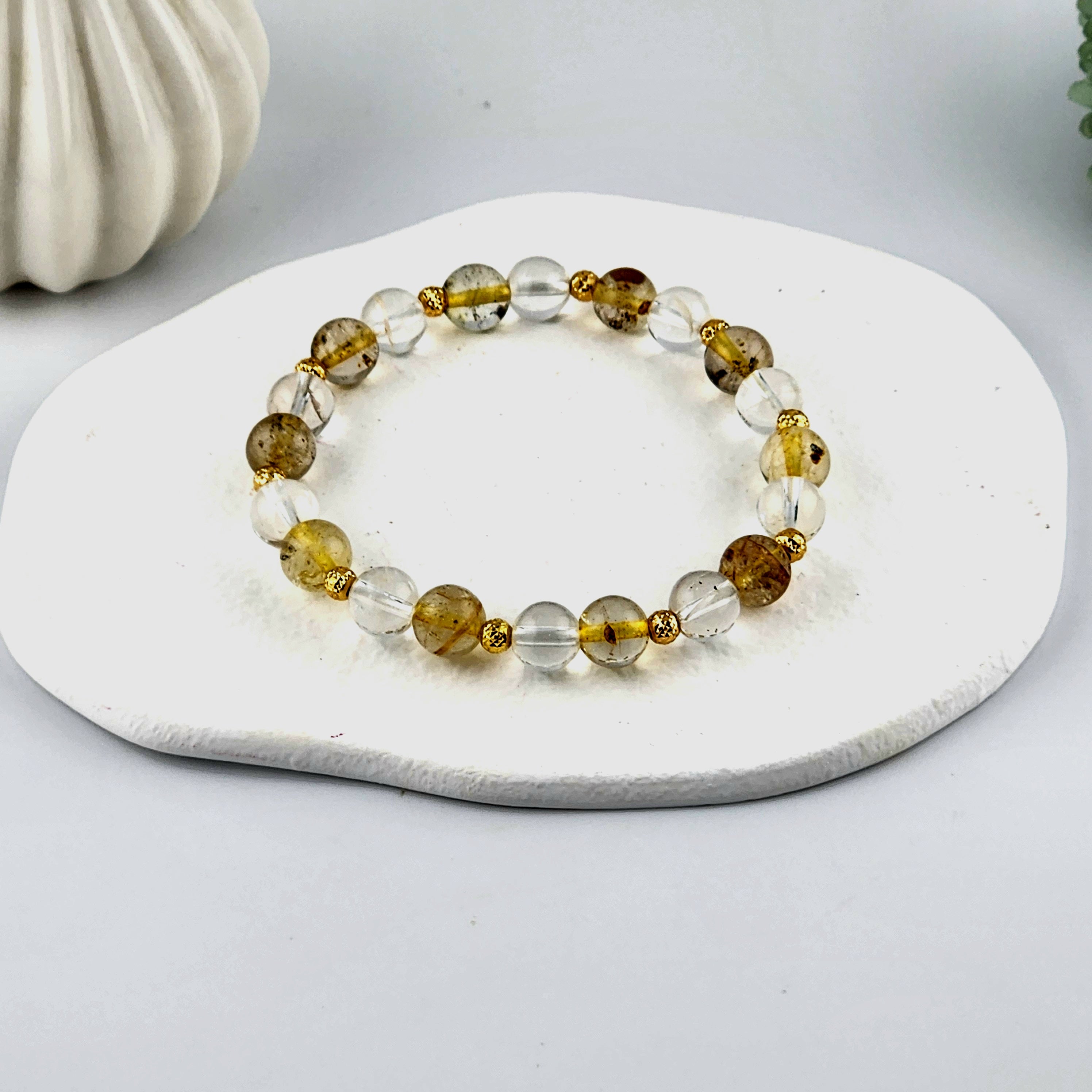 Gold Rutilated Quartz + Clear Quartz Beaded Bracelet - 8mm