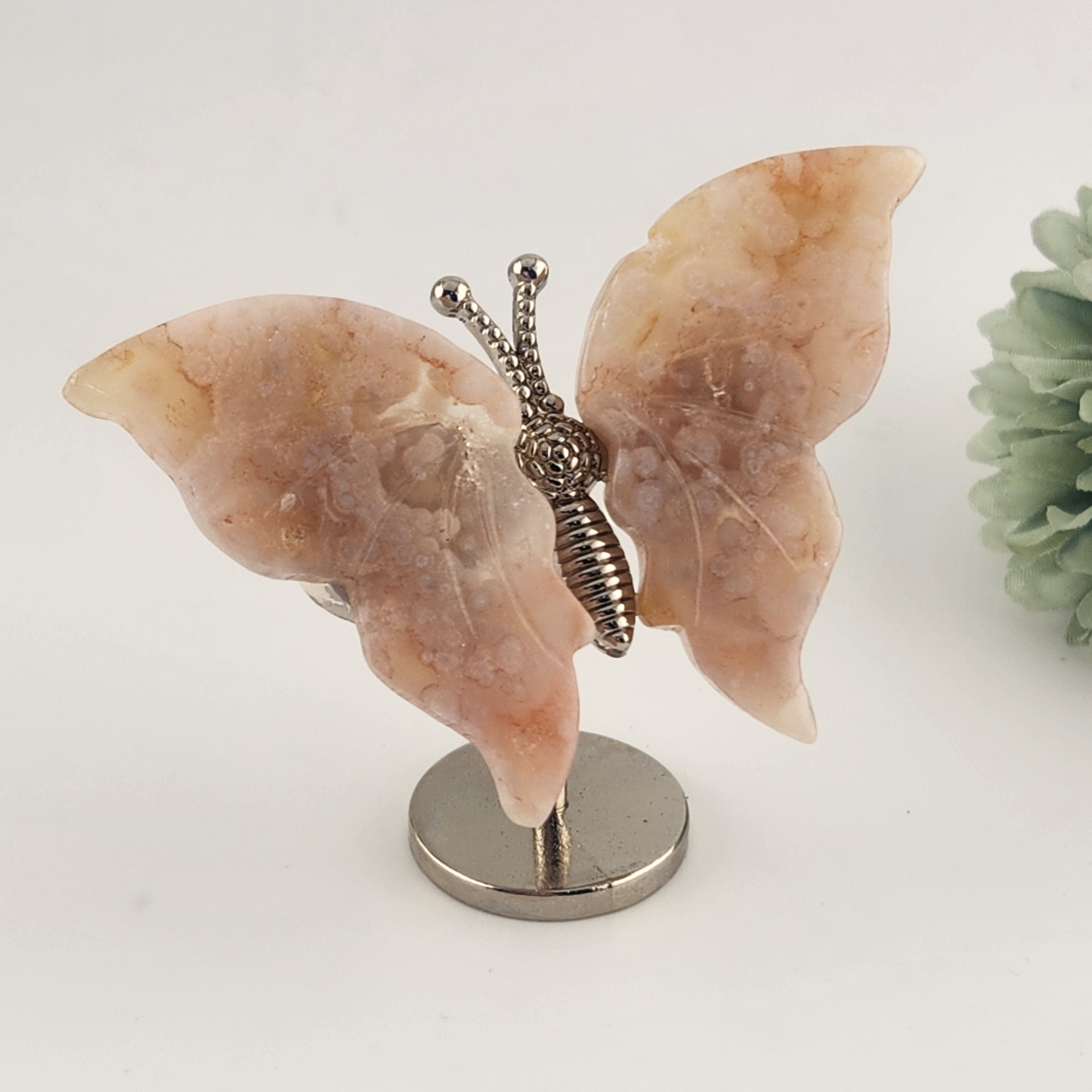 Pink Flower Agate Butterfly On Stand