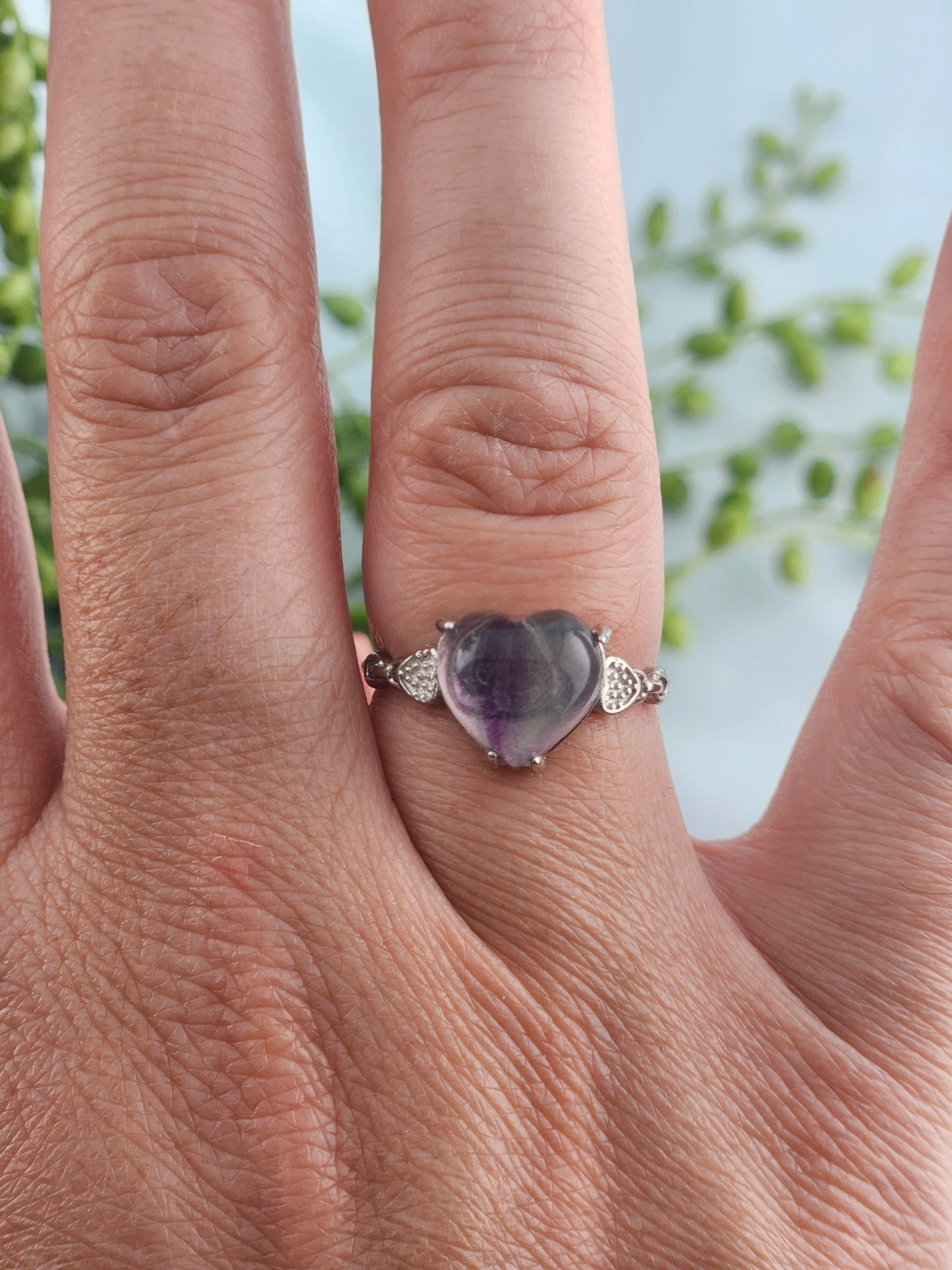 Rainbow Fluorite Heart Shaped Adjustable 925 Sterling Silver Ring