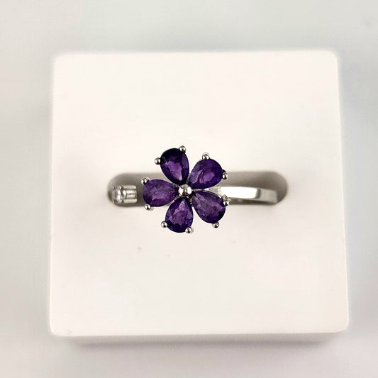 Fidget Spinning Amethyst Flower Ring - S925 Adjustable