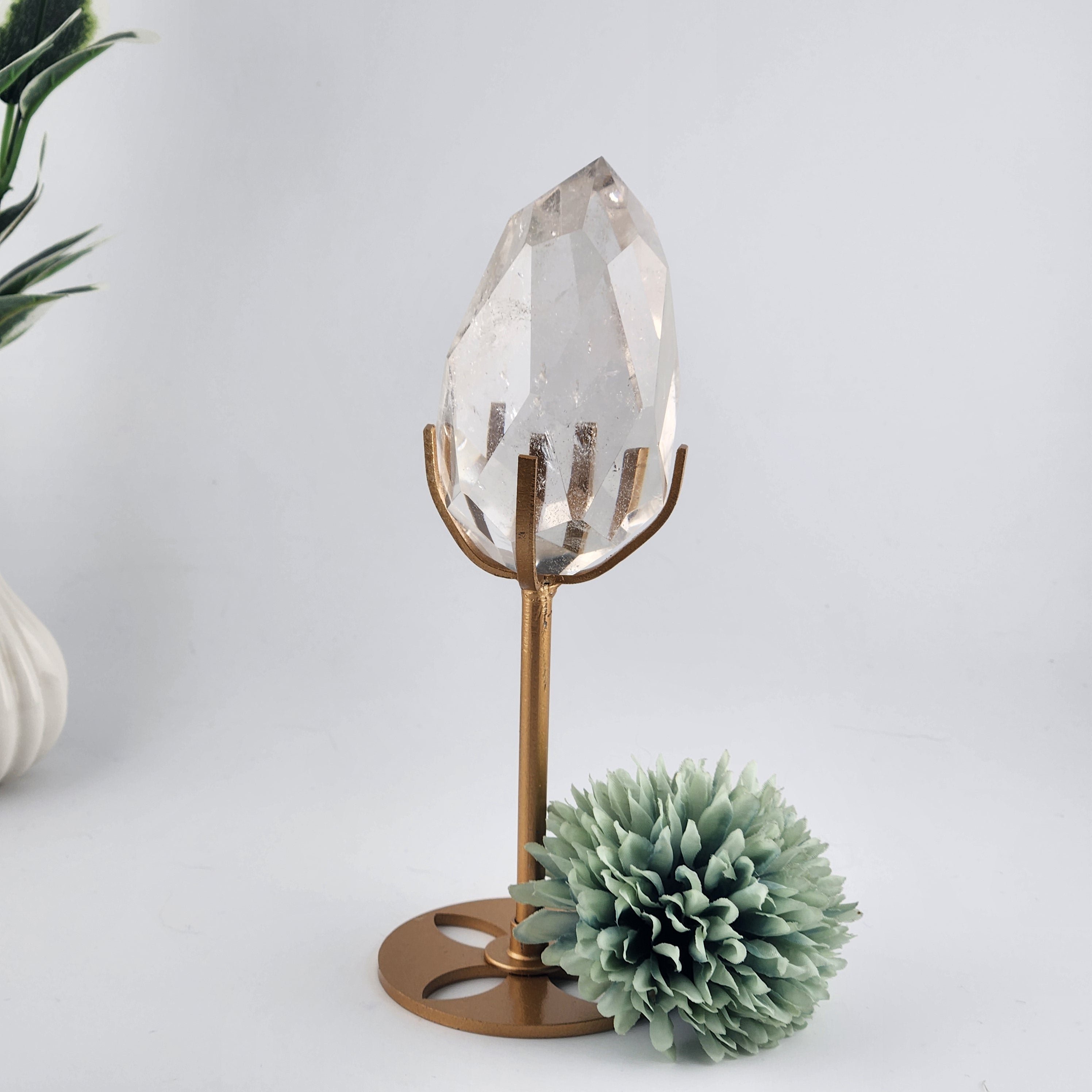 Faceted Clear Quartz Diamond On Custom Gold Stand