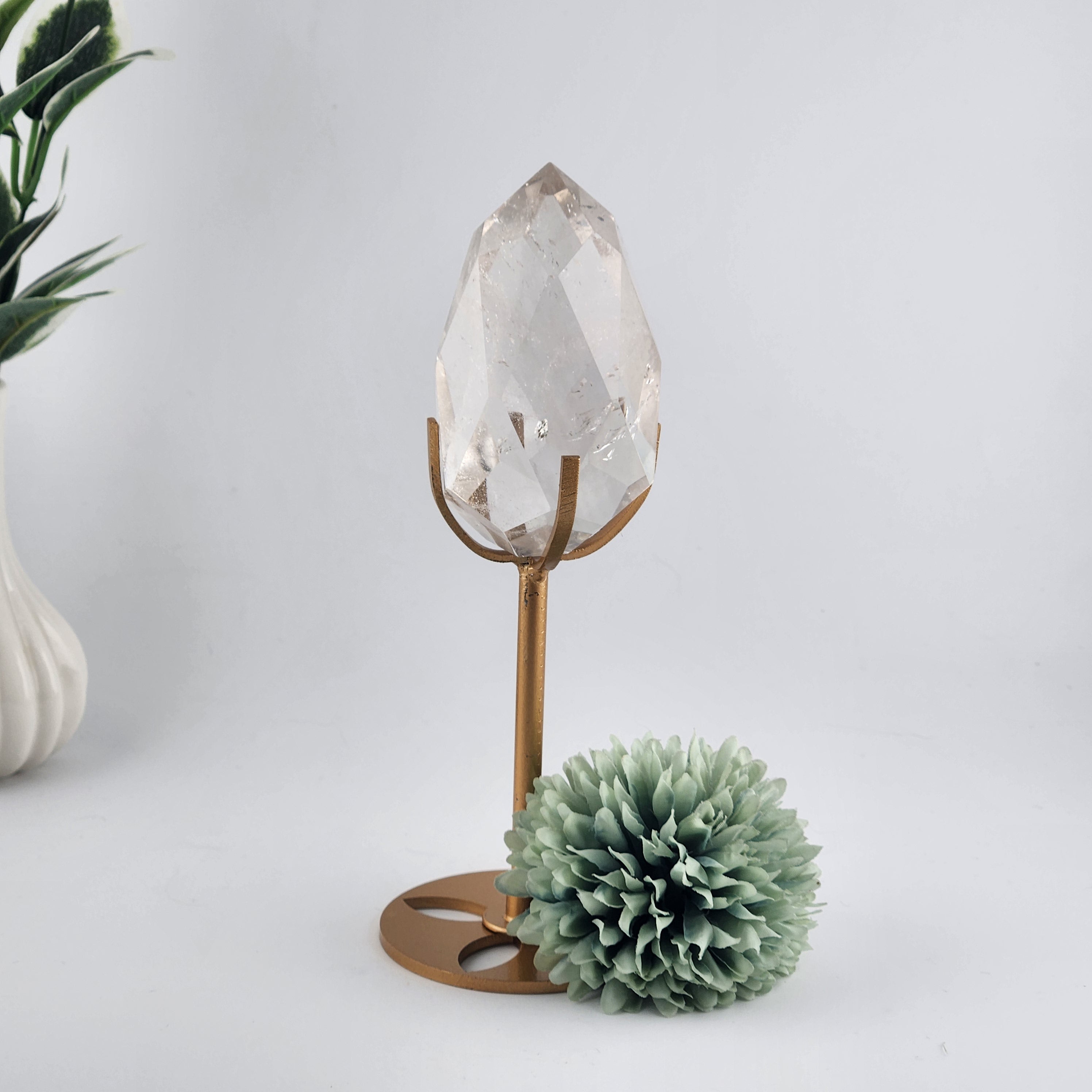Faceted Clear Quartz Diamond On Custom Gold Stand