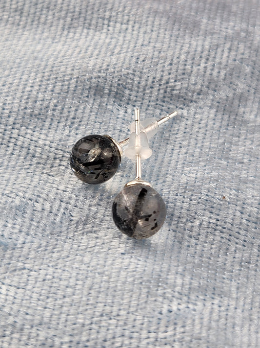 Black Rutile Stud Earrings - Sterling Silver 925