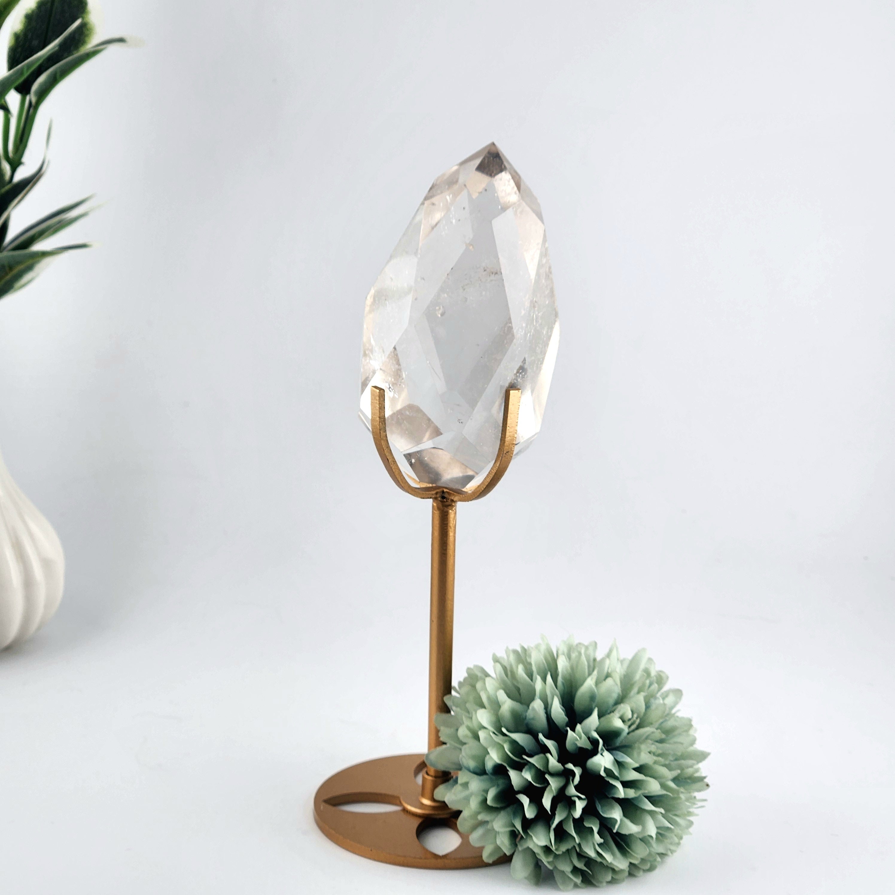 Faceted Clear Quartz Diamond On Custom Gold Stand