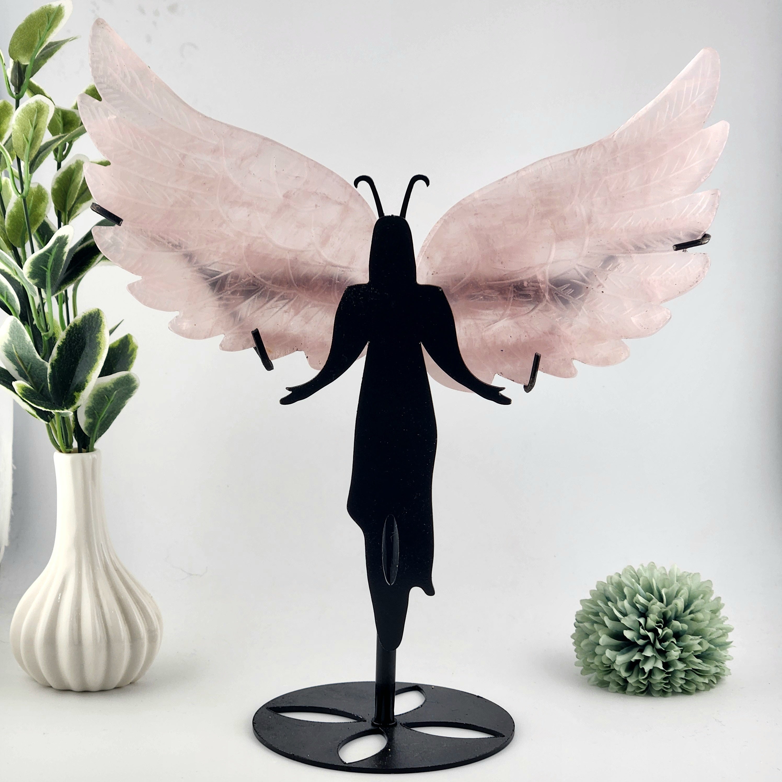 Rose Quartz Angel Wings On Black Stand