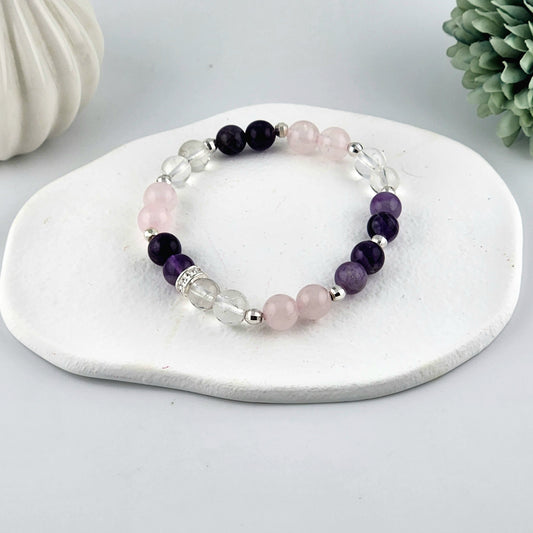 Amethyst, Rose Quartz + Clear Quartz S925 Beaded Bracelet - 8mm