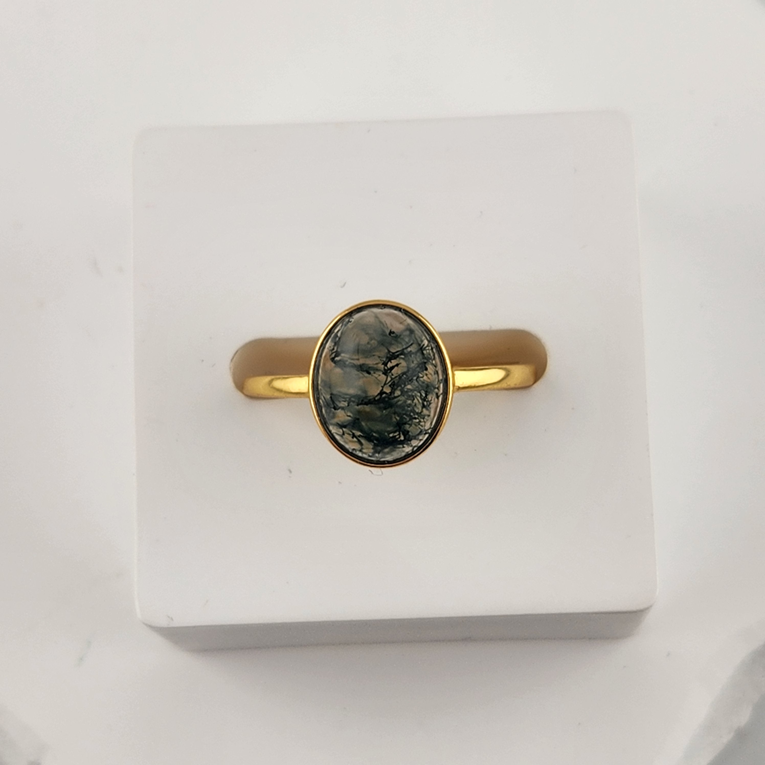 Gold-Plated Sterling Silver Moss Agate Adjustable Ring