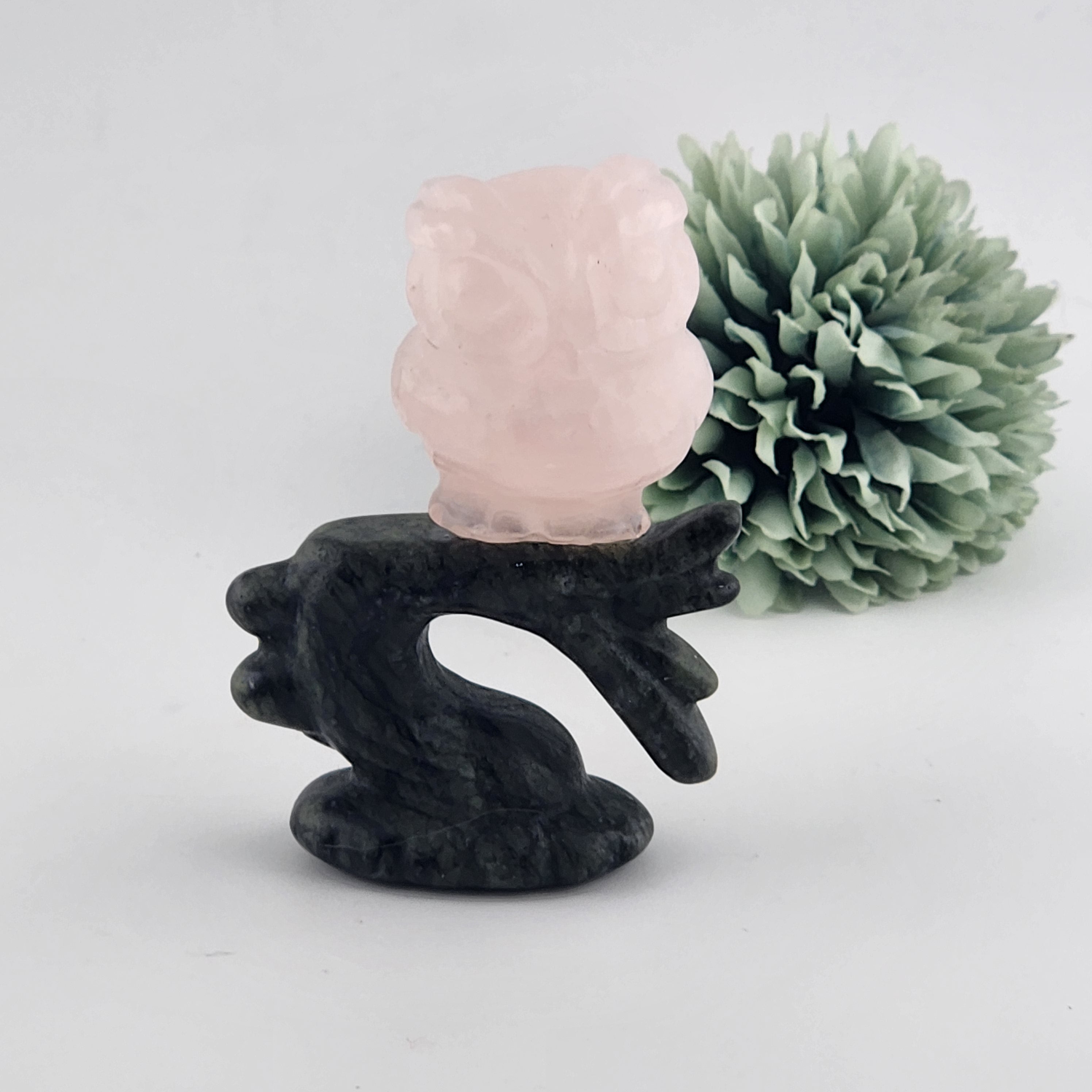 Rose Quartz Owl on Green Jade Branch
