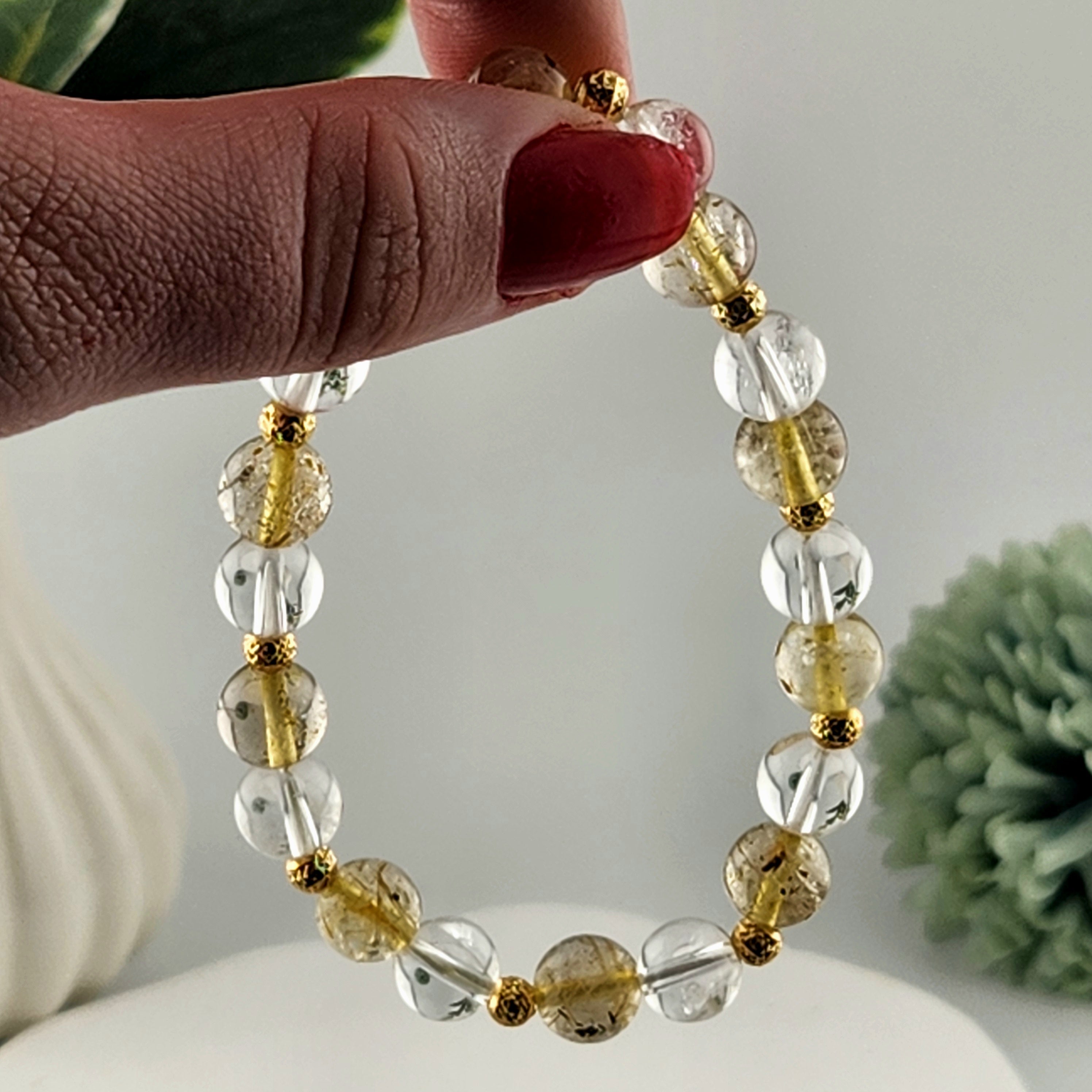 Gold Rutilated Quartz + Clear Quartz Beaded Bracelet - 8mm