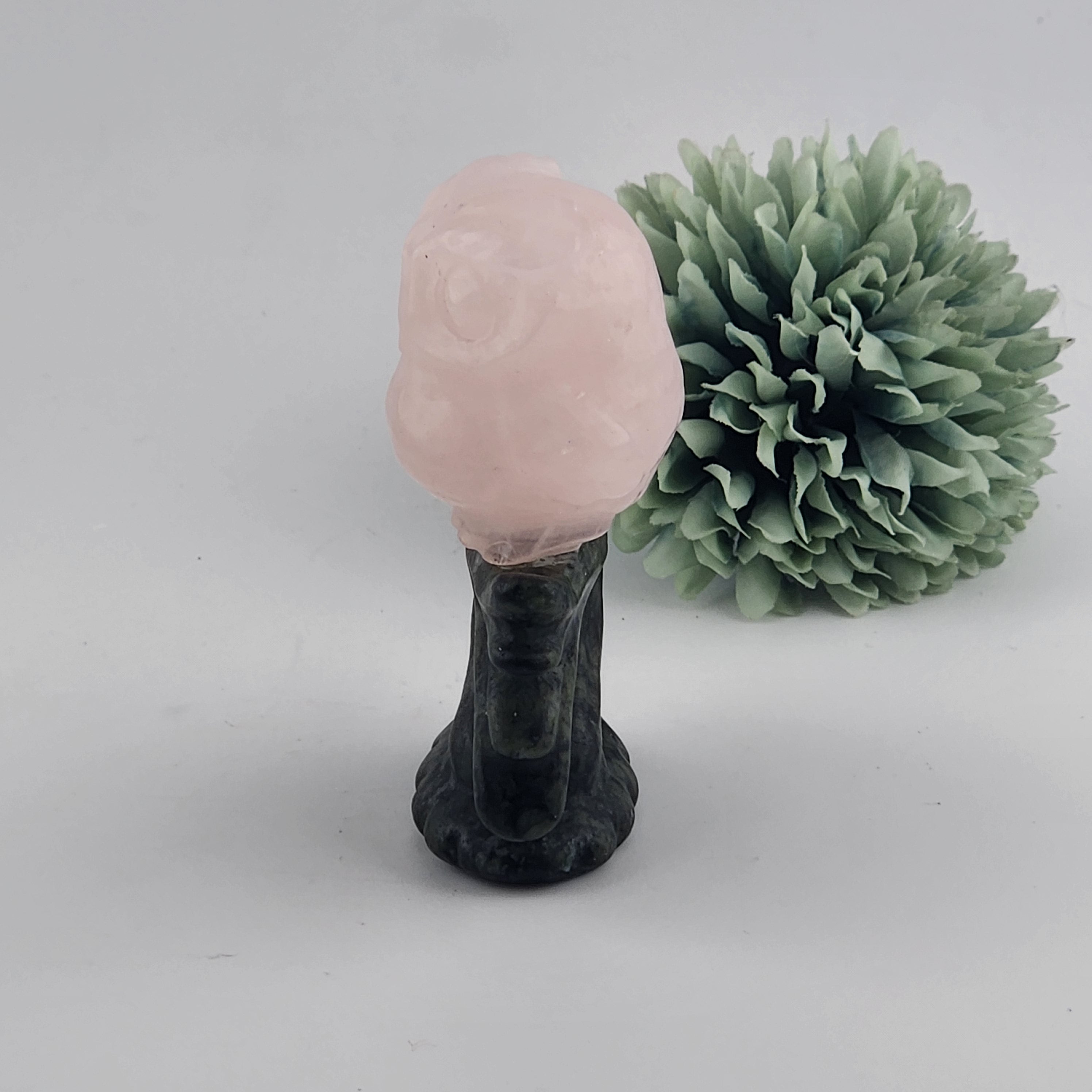 Rose Quartz Owl on Green Jade Branch