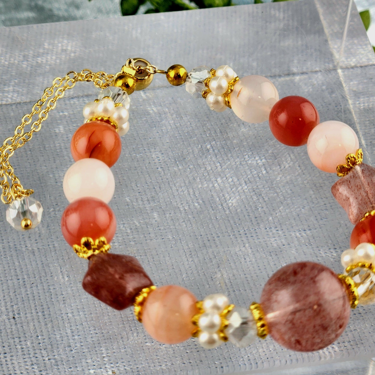 Strawberry Quartz + Red Agate + Clear Quartz Bracelet