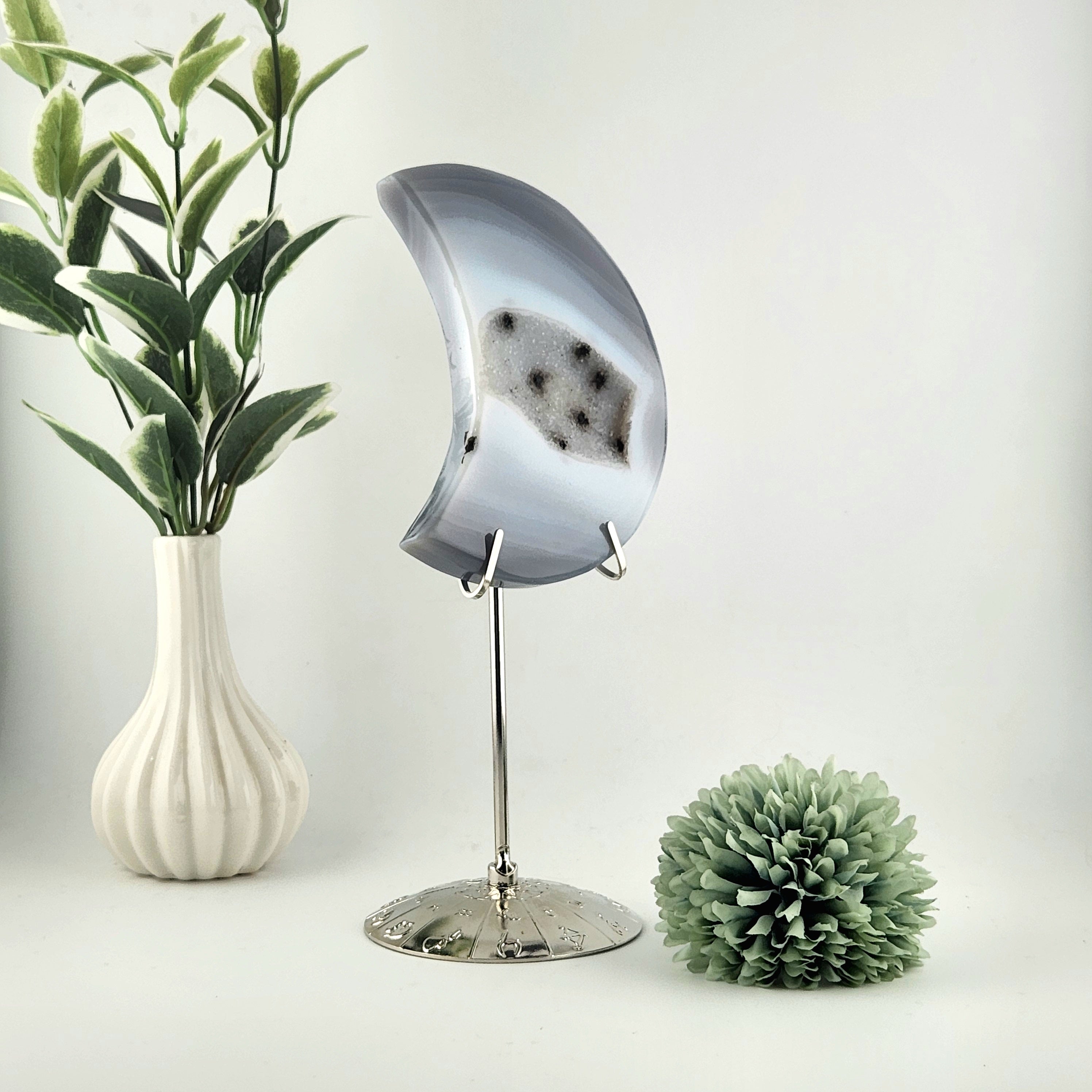 Blue Agate Moon with White and Black Druzy Centre