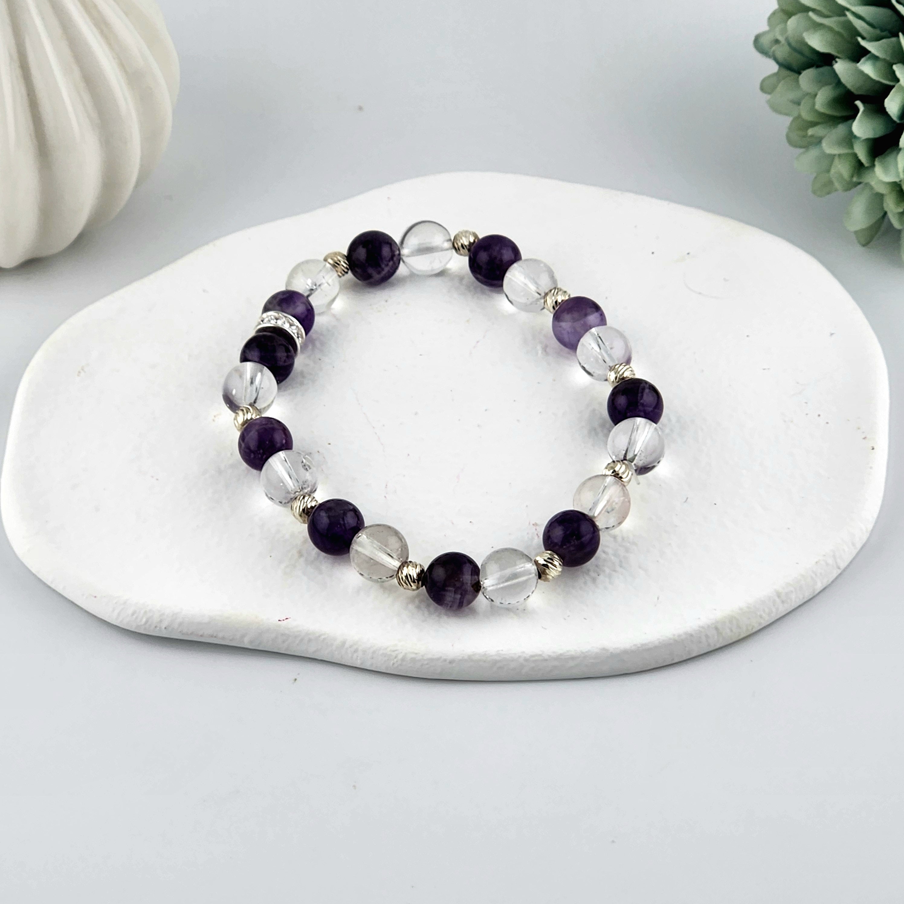 Amethyst + Clear Quartz Beaded Bracelet - 8mm
