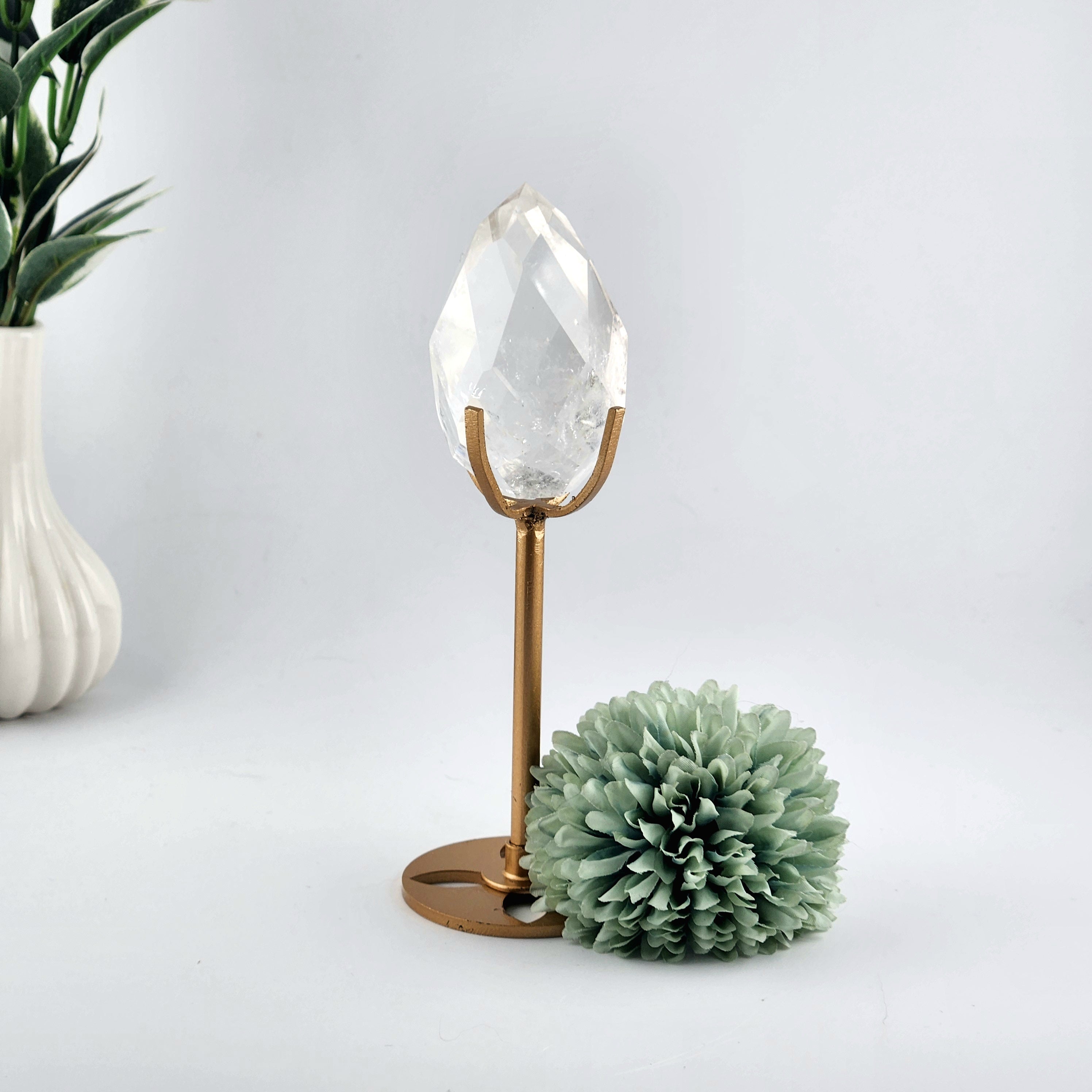 Faceted Clear Quartz Diamond On Custom Gold Stand