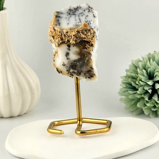 Dendritic Opal Raw On Gold Stand