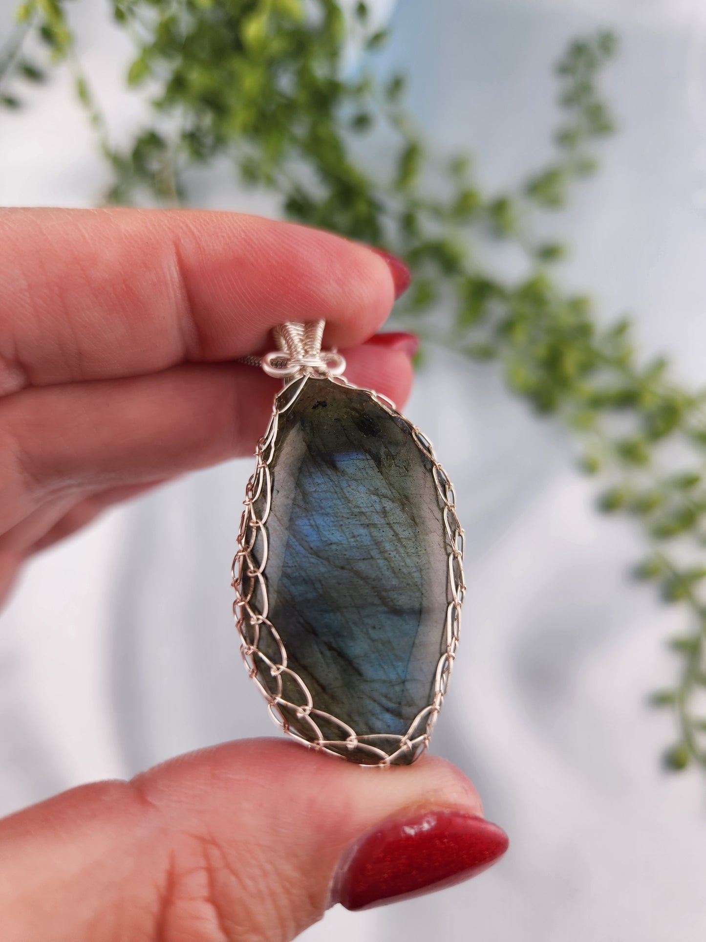 Blue/Gold Flash Labradorite Silver Wire Wrapped Pendant